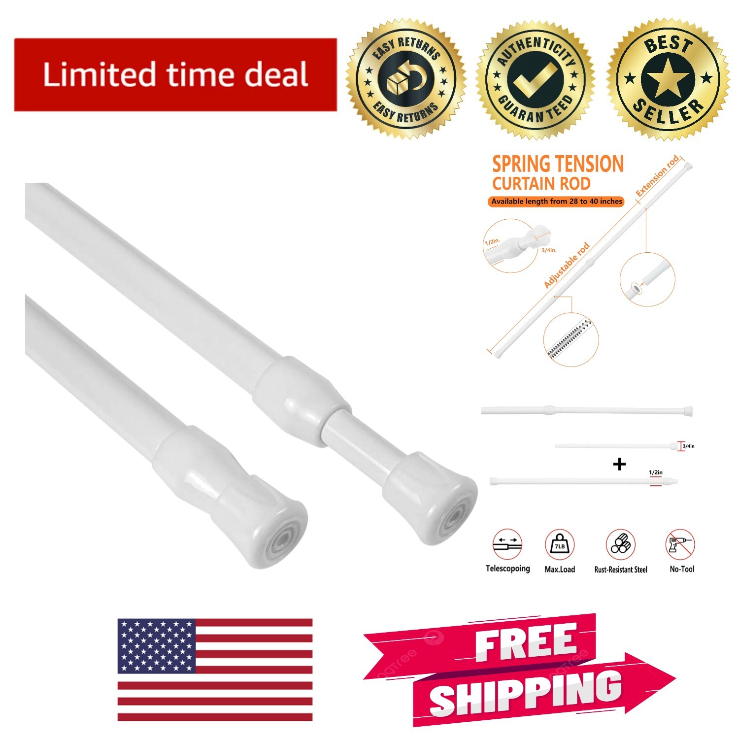 Durable 2Pcs Adjustable Tension Curtain Rods (28-40 Inch) – Elegant & Practical