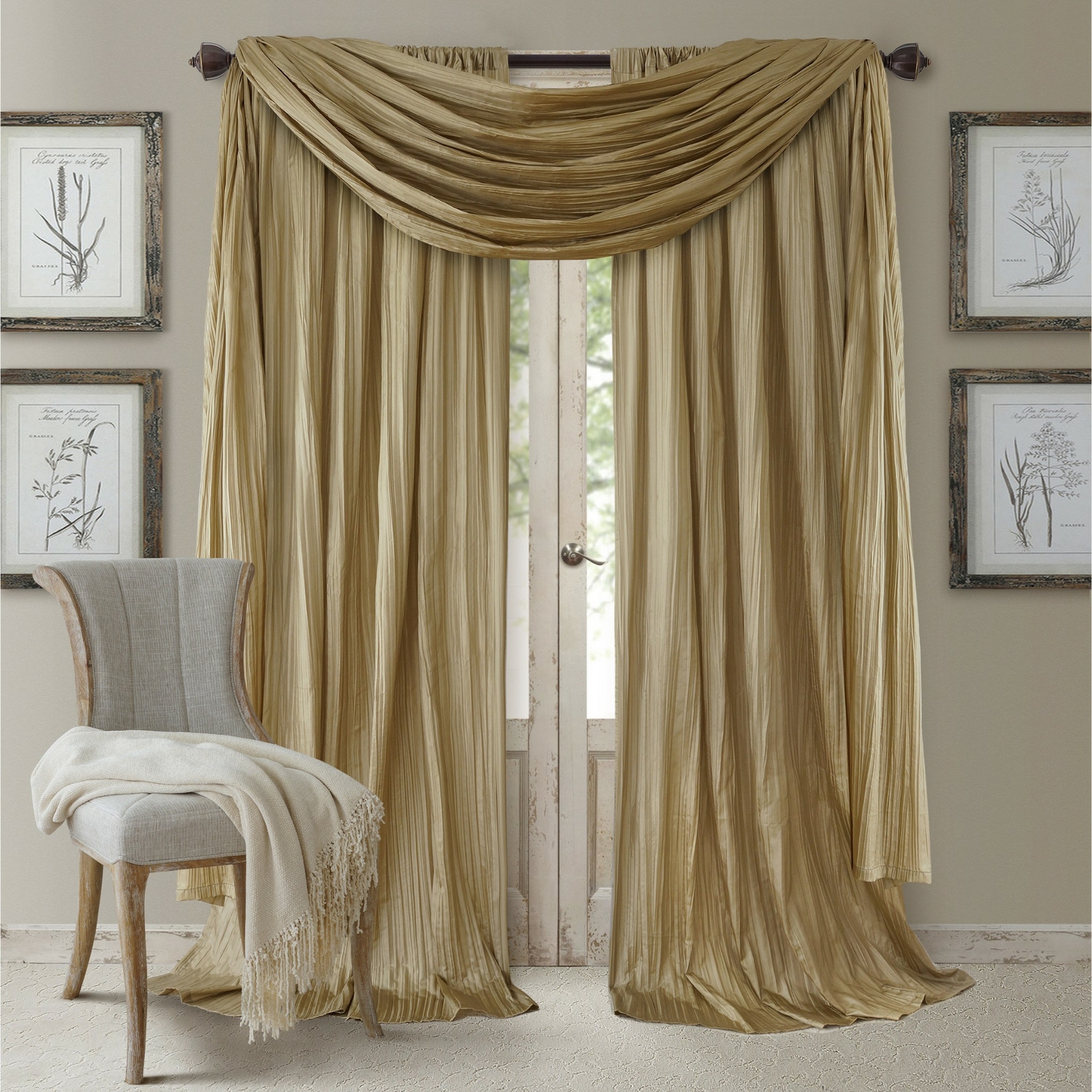 Set 2 Solid Gold Faux Silk Curtains Panels Drapes Pair WITH SCARF 84 95 108 inch