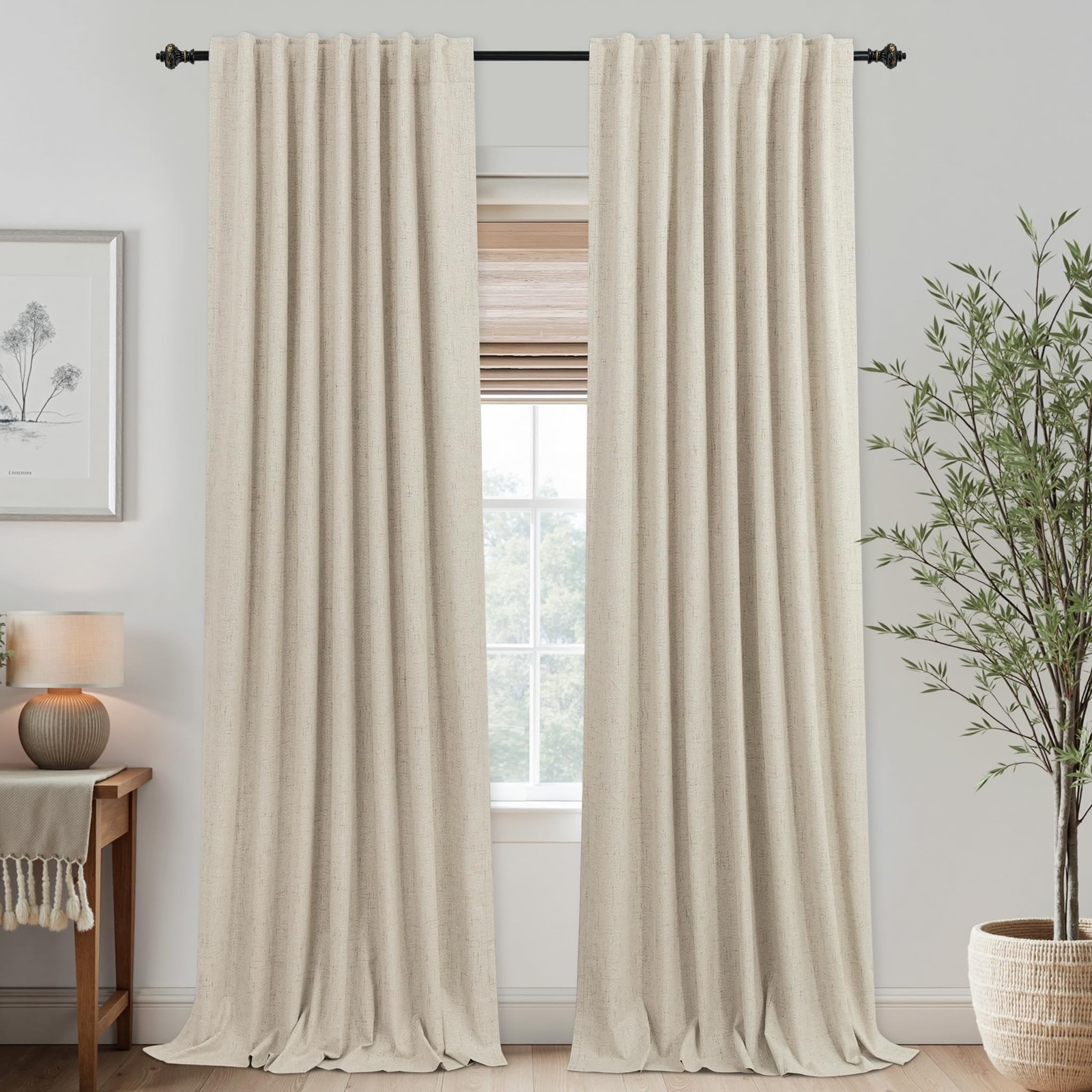 132 Inch Extra Long Blackout Curtains,Linen Beige Pleated Back Tab Black Out …