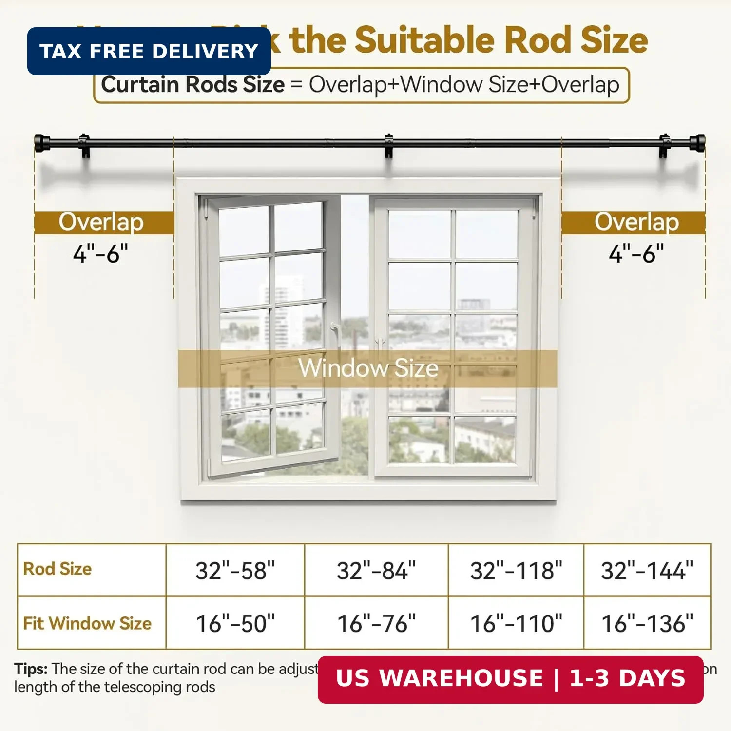 YaFex Curtain Rods 32-144 Inch, Heavy Duty 1 Inch Adjustable Curtain Rod for Win