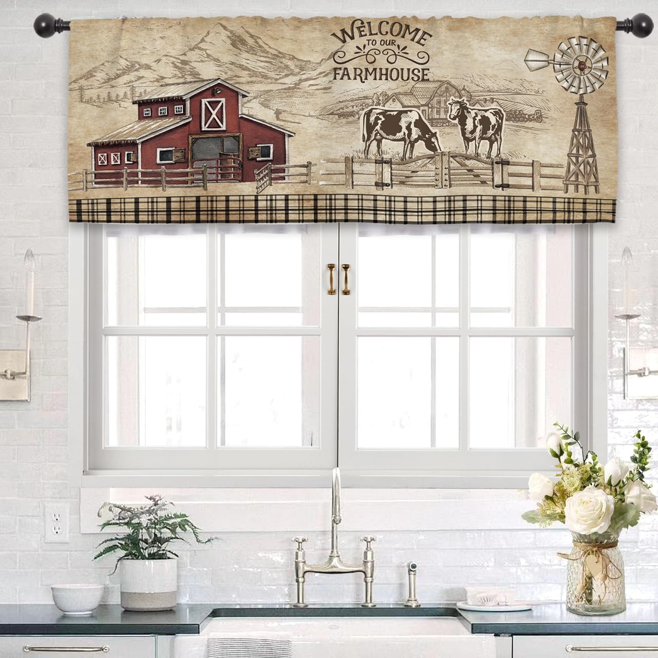 Farmhouse Farm Rustic Kitchen Curtain Valance 54W x 18L Inch Vintage Country Cow