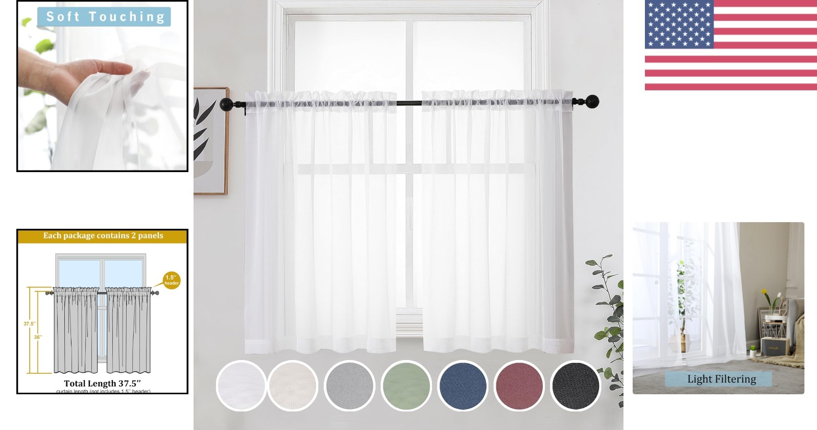 Casual White Sheer Curtains 2 Panels 42″W x 36″L Rod Pocket for Home Decor