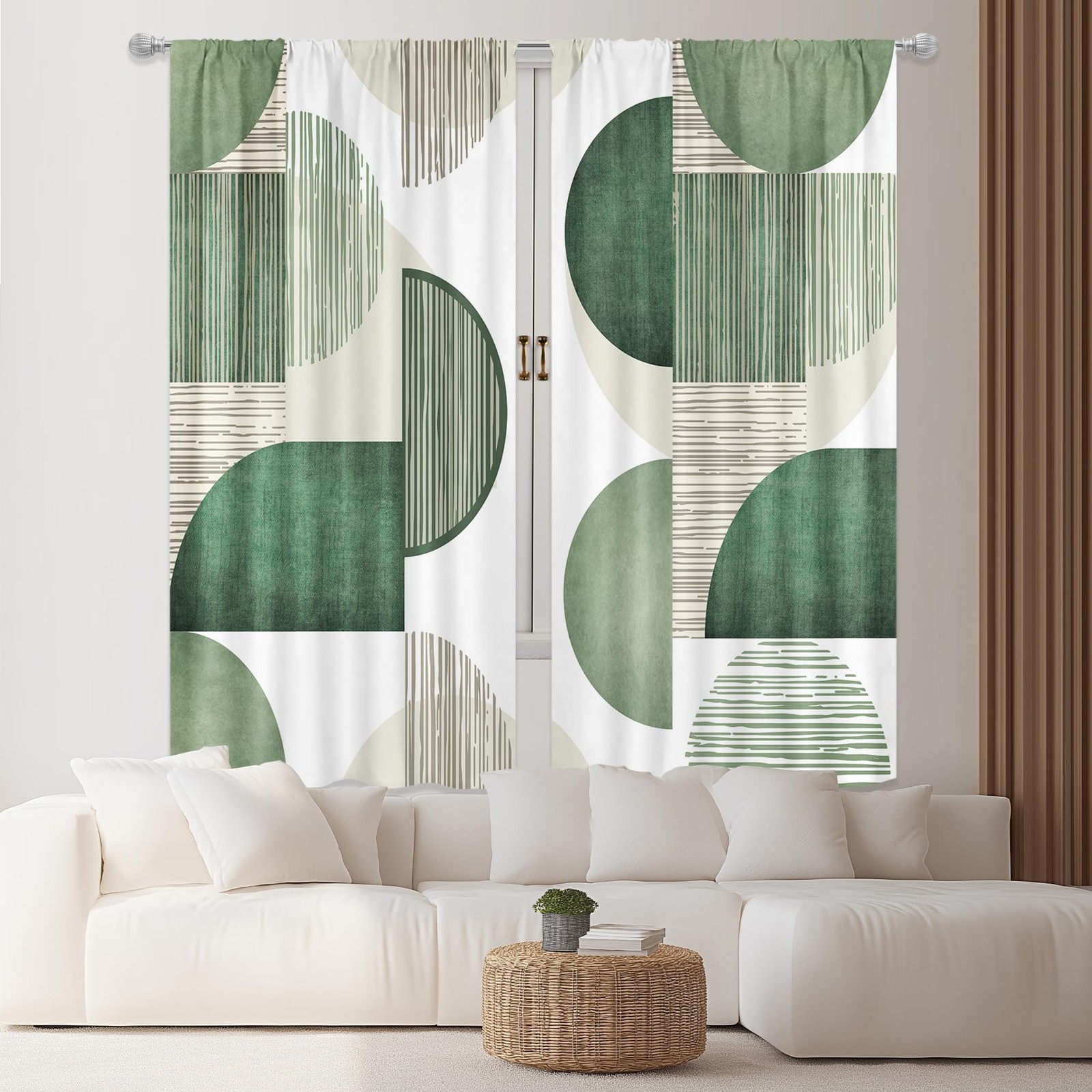 Abstract Geometric Green Curtains 42Wx63H Inch Rod Pocket Modern Minimalist S…