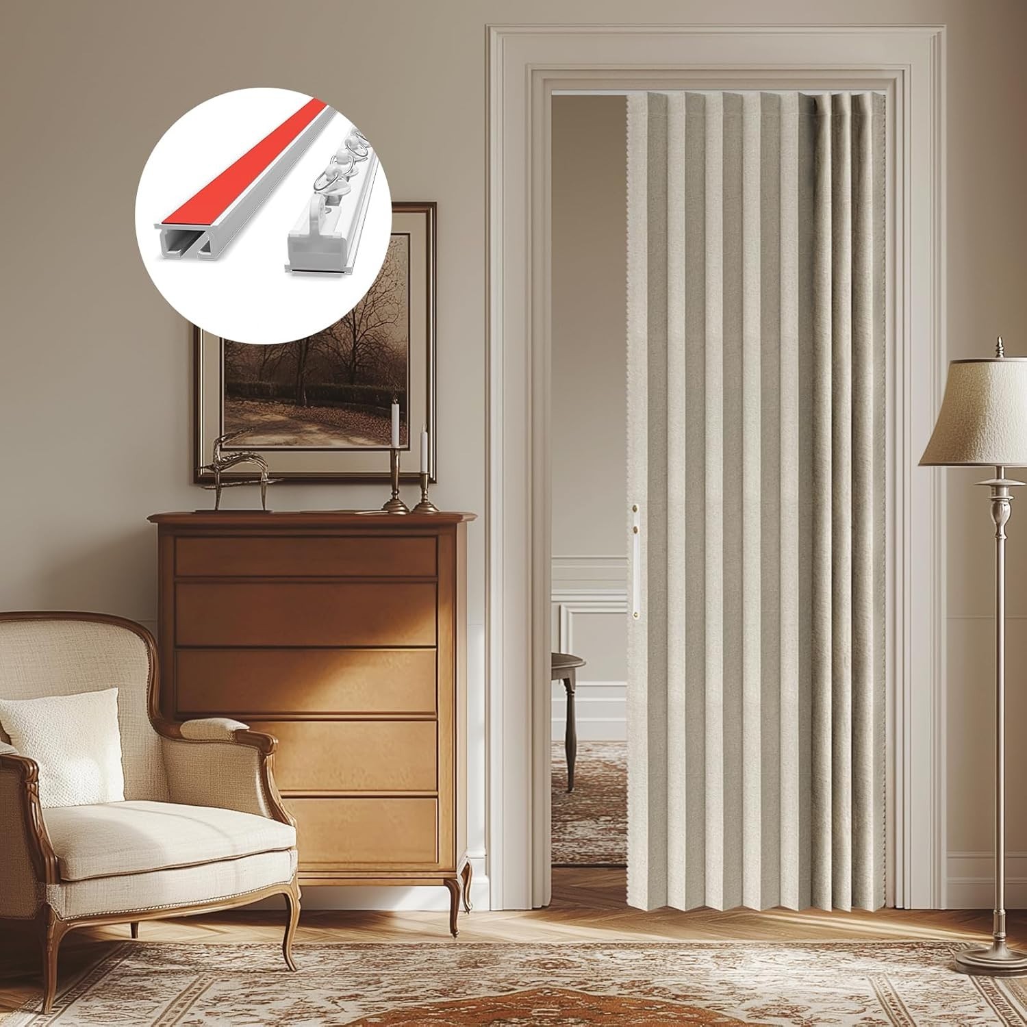 100% Blackout Accordion Door Curtain with Accessories, 43W x 79L, Cream White