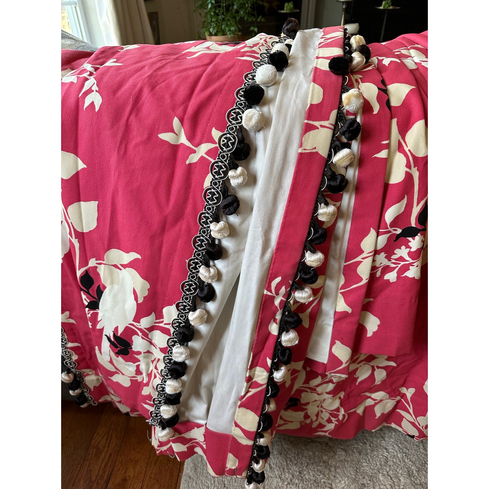 2 Custom Pair drapes pink Black White Curtains Pink Pom Poms luxury set pleated
