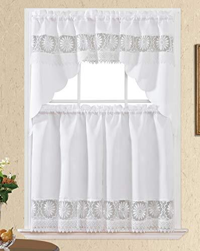 GOHD Daisy Dream. Kitchen Cafe Curtain Set Swag and 36 inches Tiers Set White