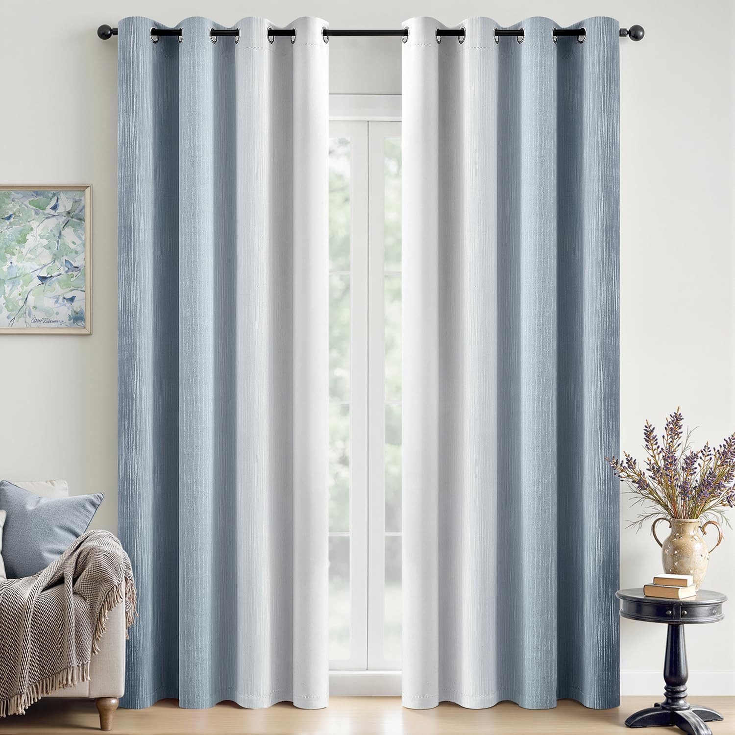 Chambray Blue and Greyish White Ombre Blackout Curtains, Full Room Darkening The
