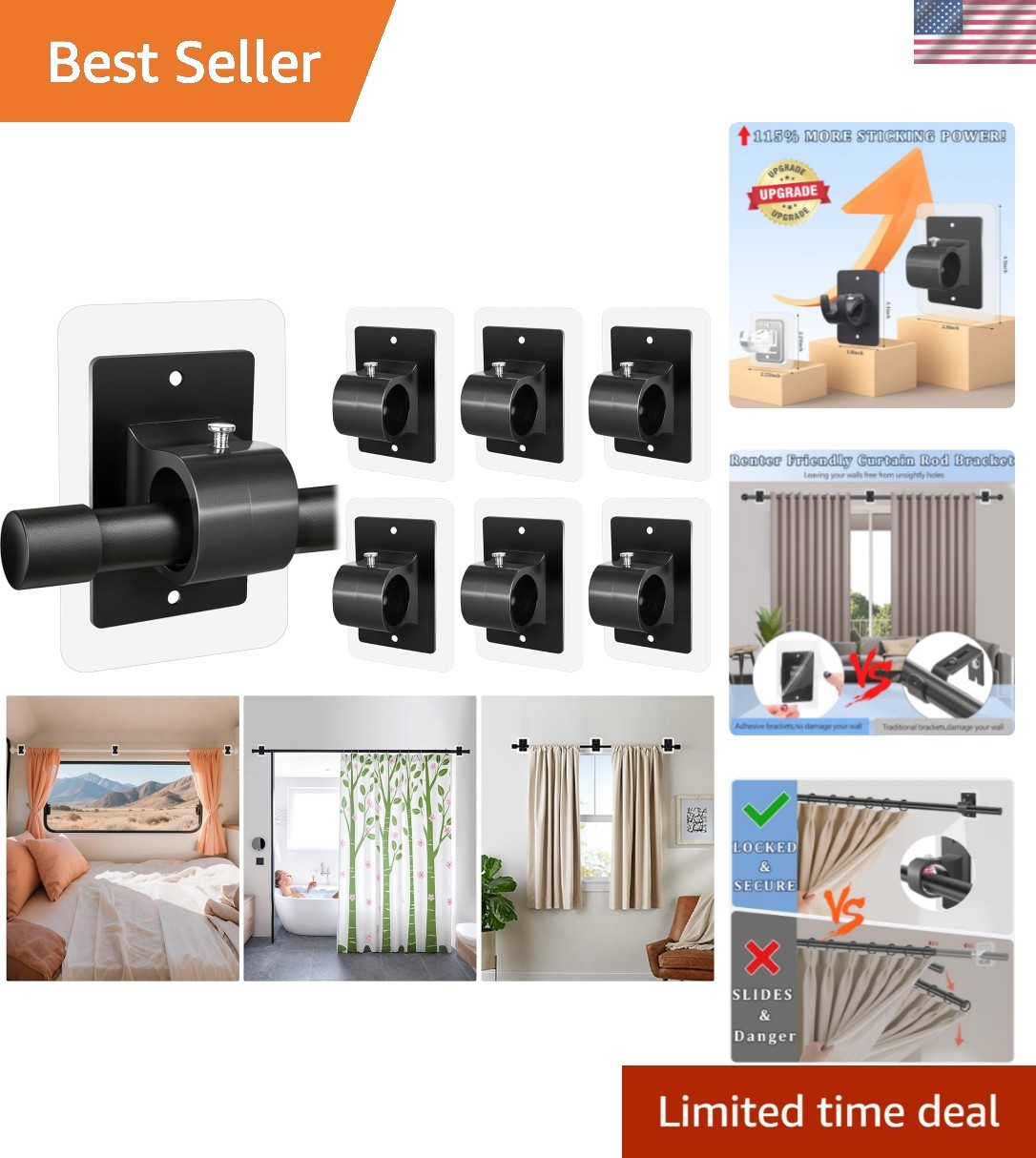 6PCS No Drill Curtain Rod Brackets,Self Adhesive Curtain Rod Holder No Drilli…