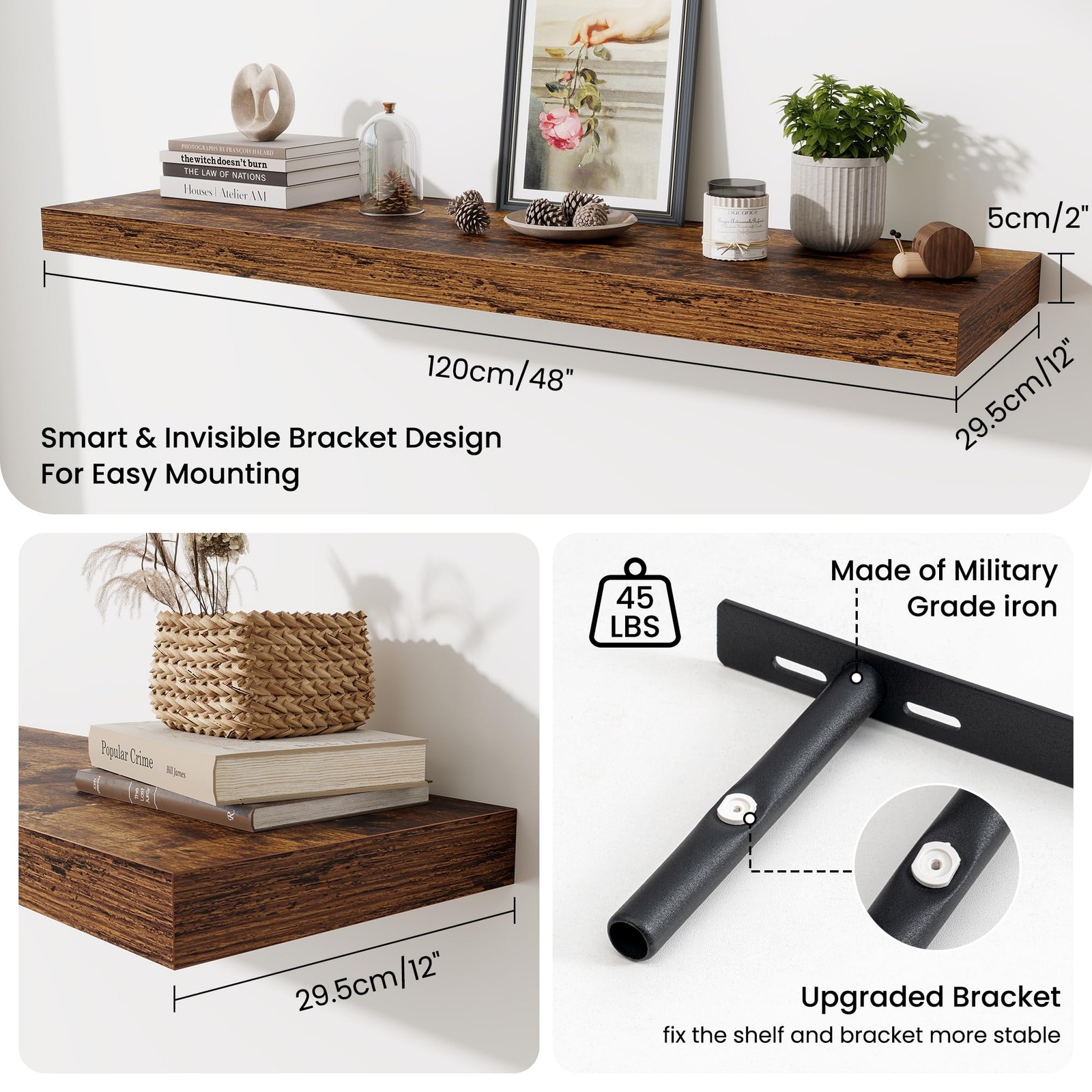 48 Inch Floating Shelves for Wall – 12 Inch Deep Fireplace Mantel Shelf – Woo…