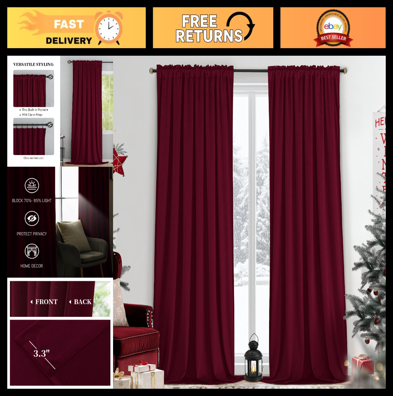 Room Darkening Velvet Curtains 84″ Long – Wine Red, Ideal for Living Room Decor