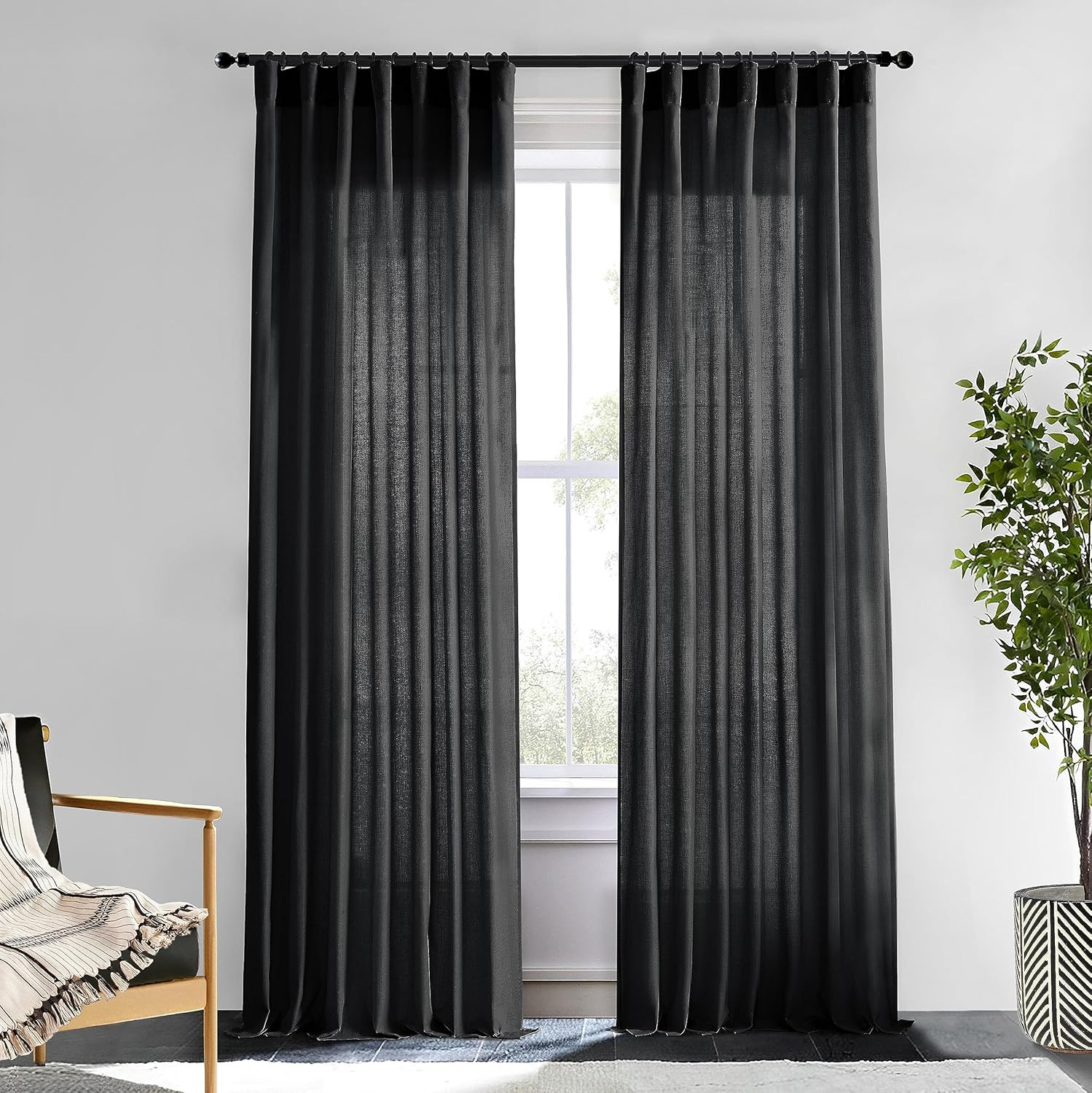 Elegant Black Linen Cotton Sheer Curtains, 2 Panels, 102″ Length, 50″ Wide