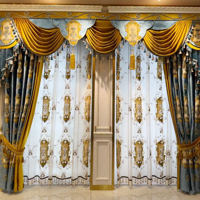 Custom Elegant velvet embroidery bedroom blue cloth curtain valance drape C1817