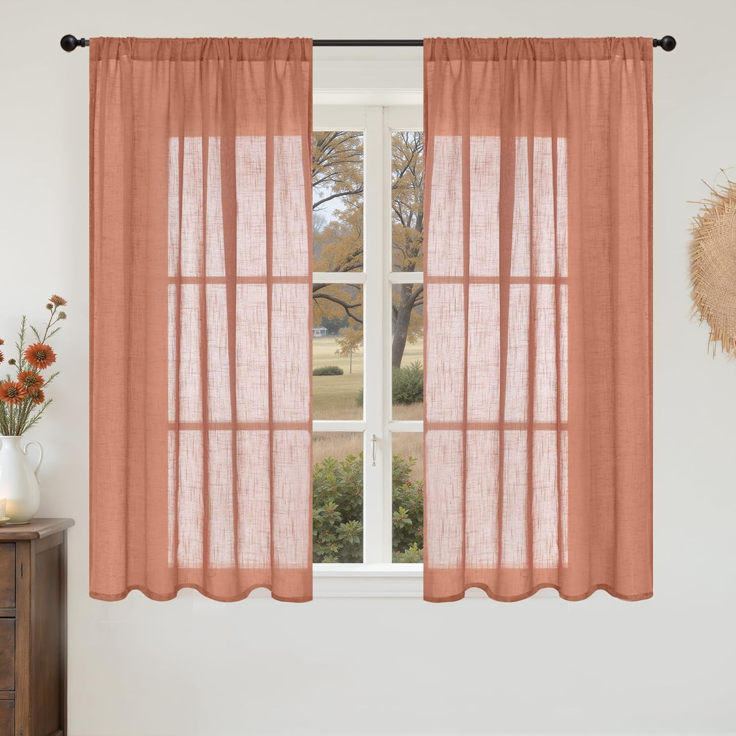 Bgment Rust Terracotta Linen Curtains 45 Inch Length, Burnt Orange Semi Sheer Dr