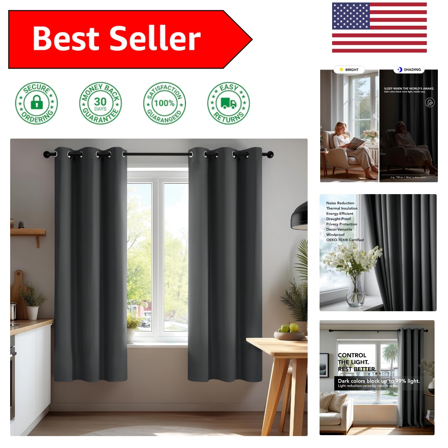 Dark Gray Blackout Curtains for Bedroom – Thermal Insulated & Noise Reducing