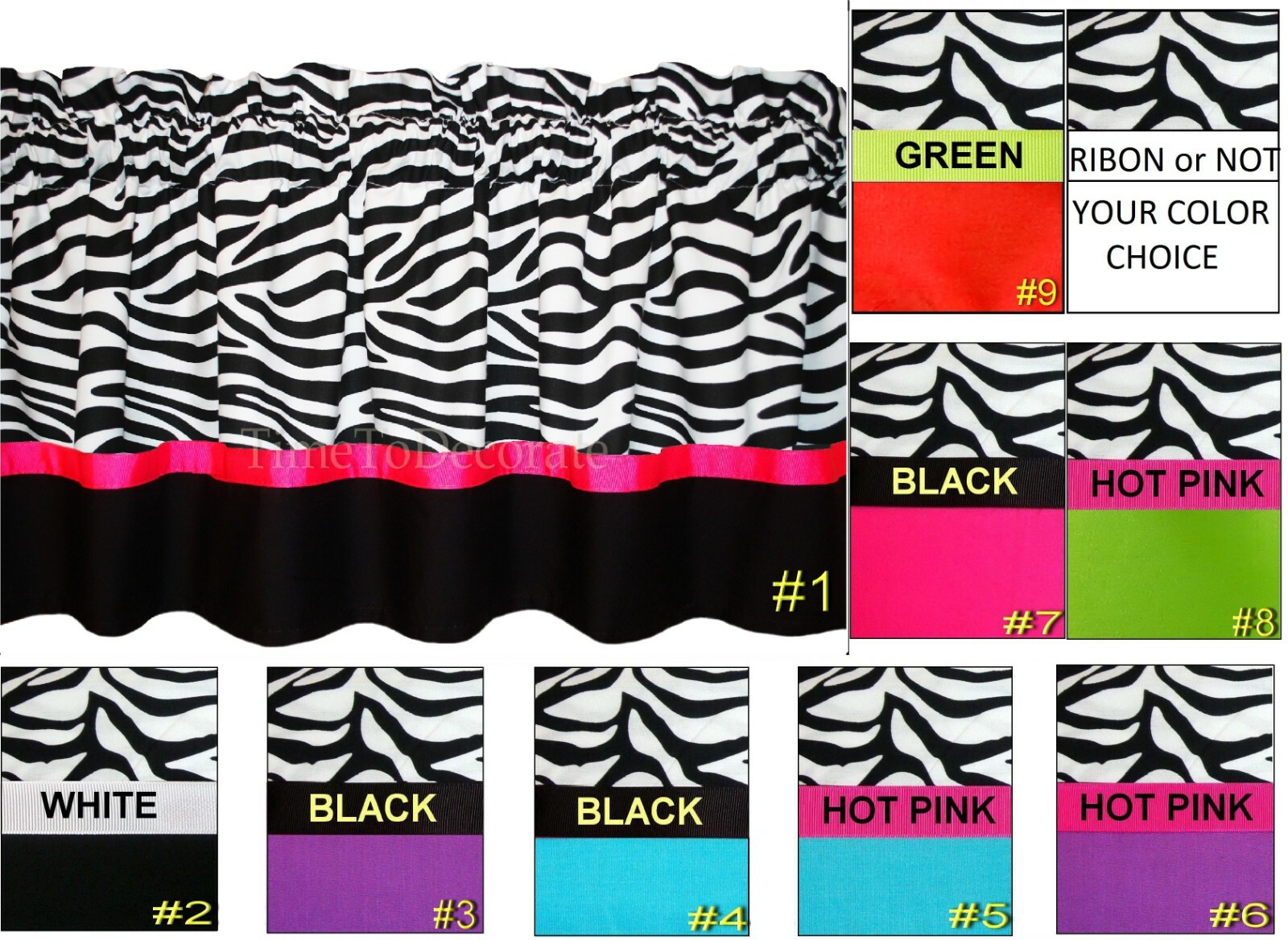 New ZEBRA purple pink aqua BLACK ribbon window CUSTOM VALANCE