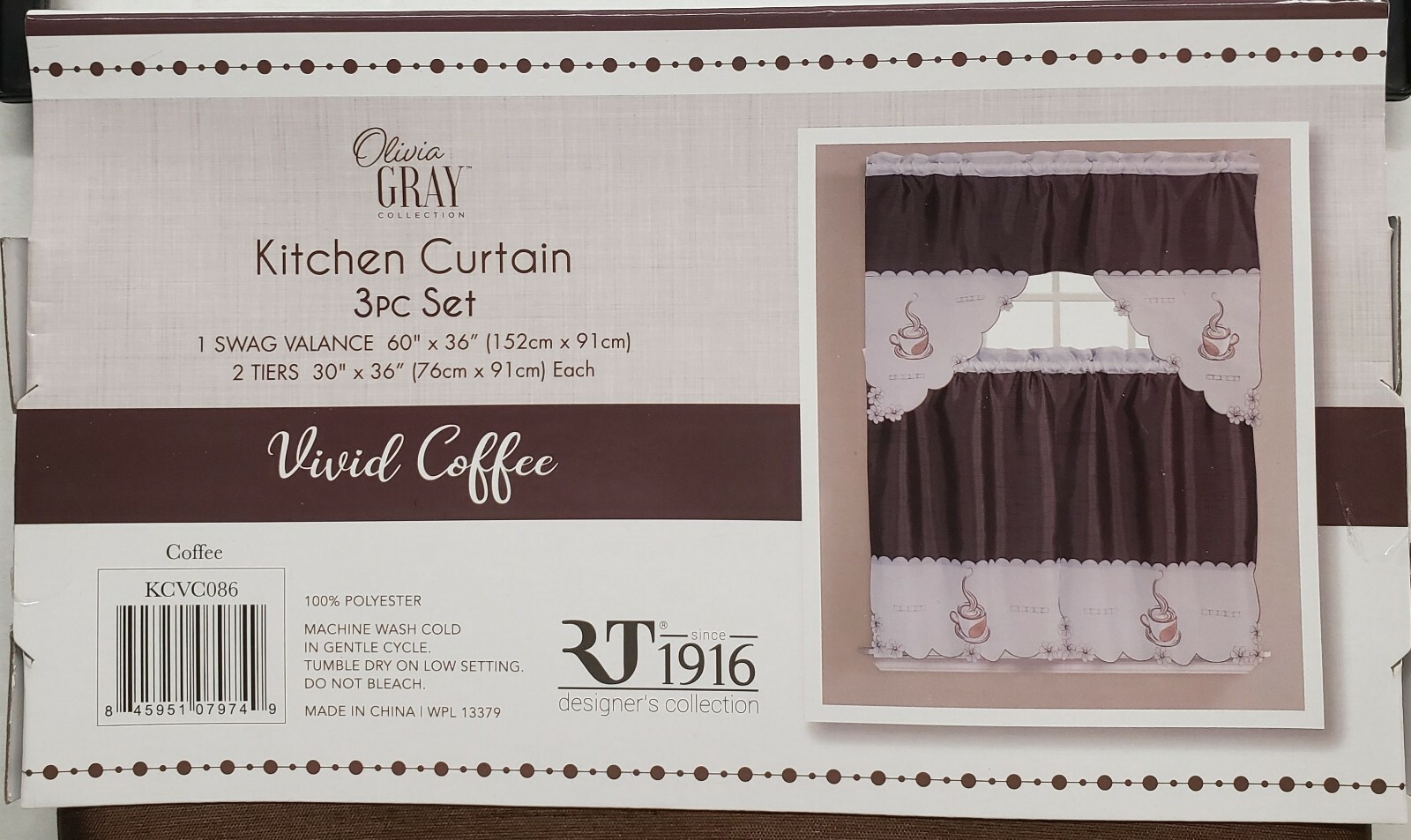 3pc. Embroidered Curtains Set: 2 Tiers & Swag (60″x36″) VIVIVD COFFEE CUP, OG,RT