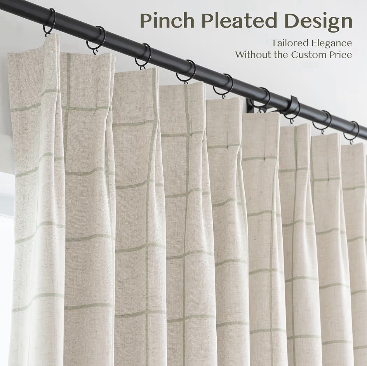 Pinch Pleated Plaid Curtains Blackout Linen Gingham Green Curtains Checkered102”