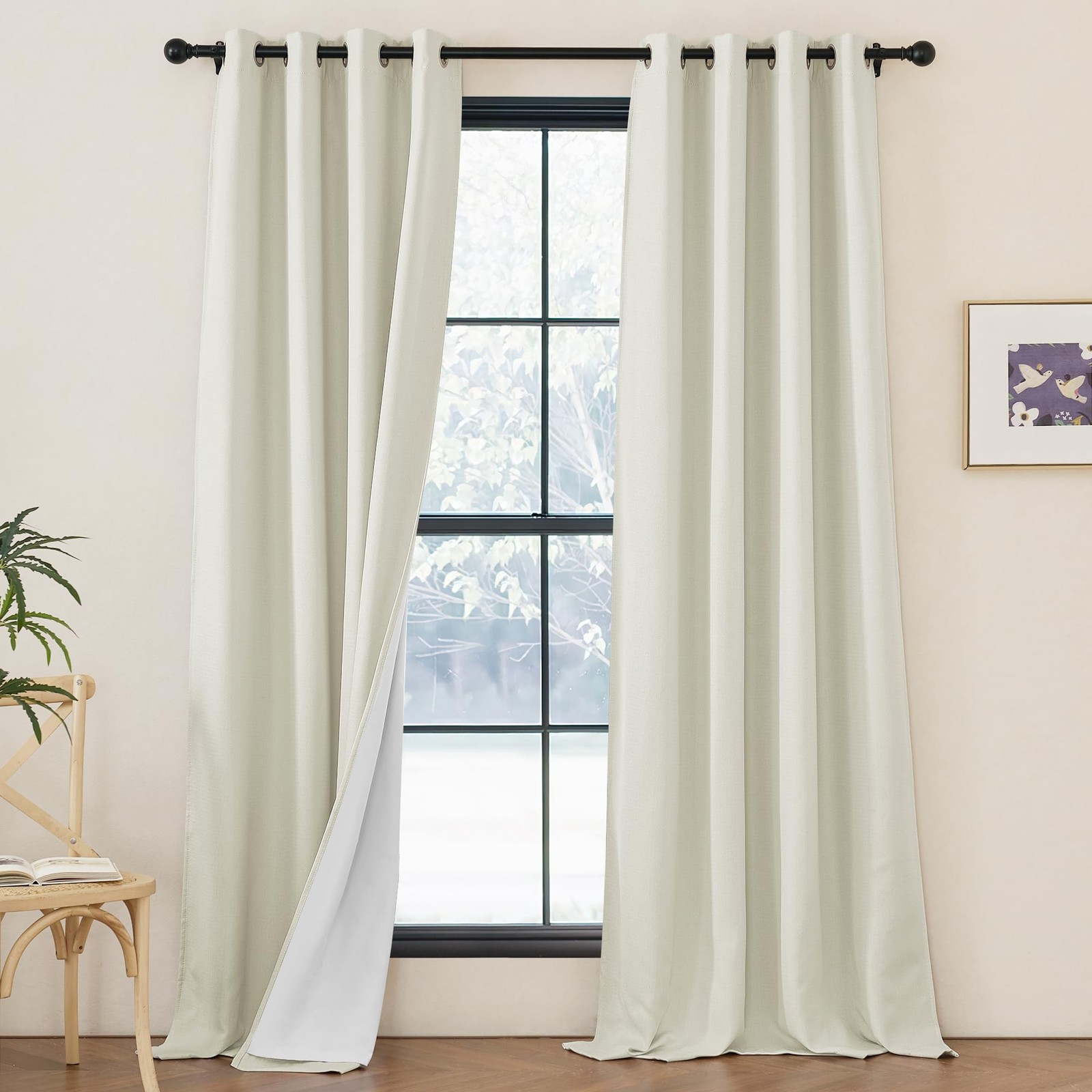 Faux Linen 100% Blackout 108 inch Curtains for Bedroom, Silver Grommet 2 Laye…