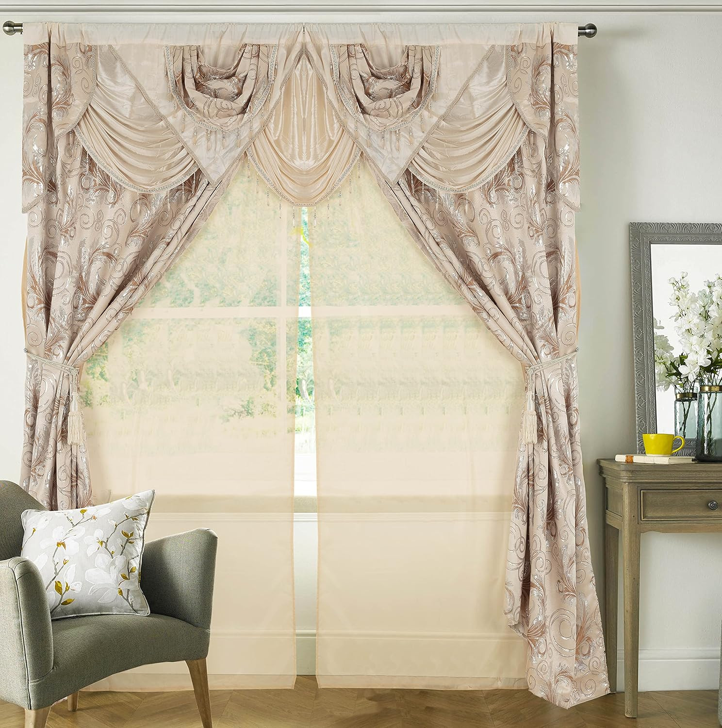 Beige Jacquard 2-Panel Curtain Set with Valance for Bedroom & Living Room