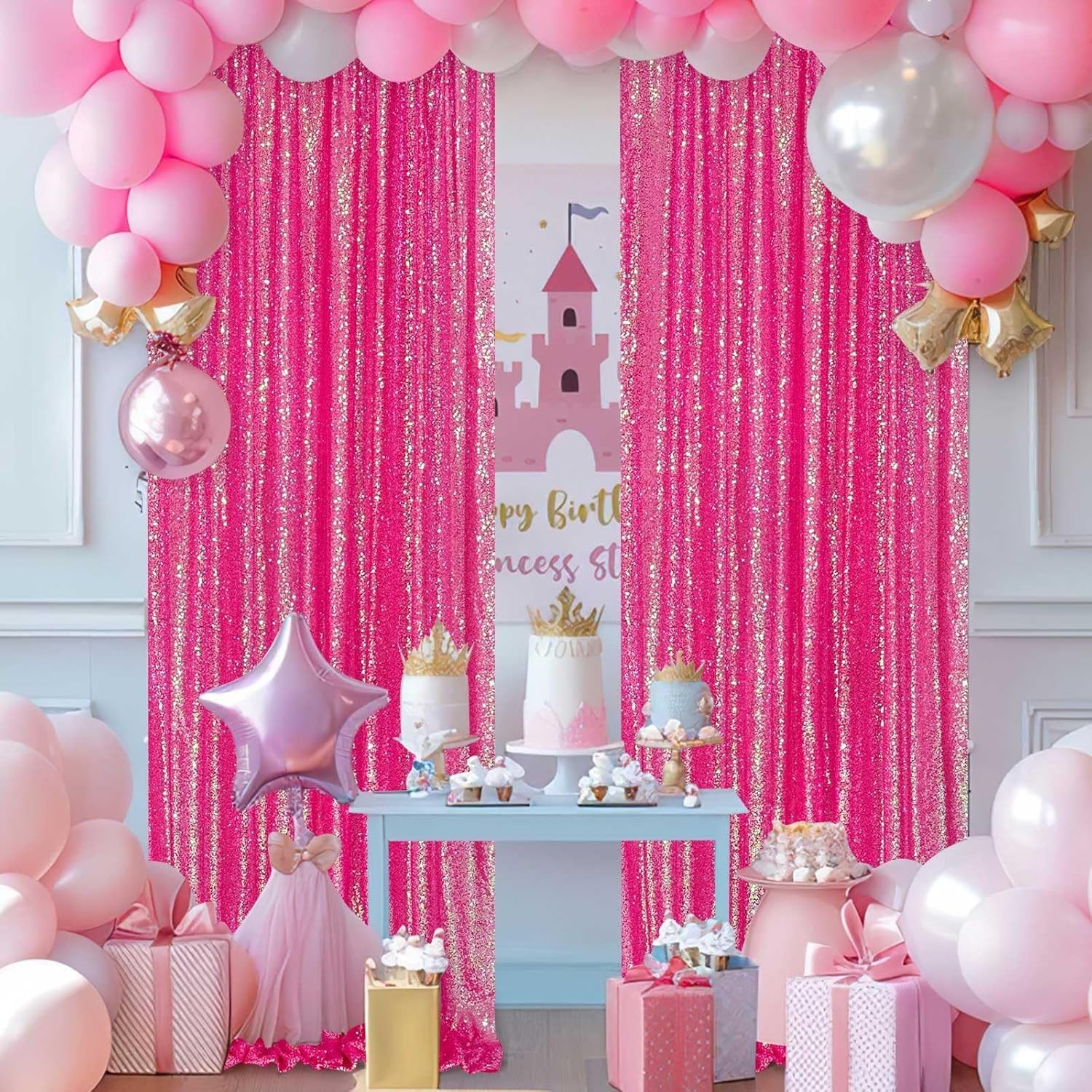 “Sequin Backdrop Curtains Panels Drapes: 2 Packs Iridescent Hot Pink Backdrop ..