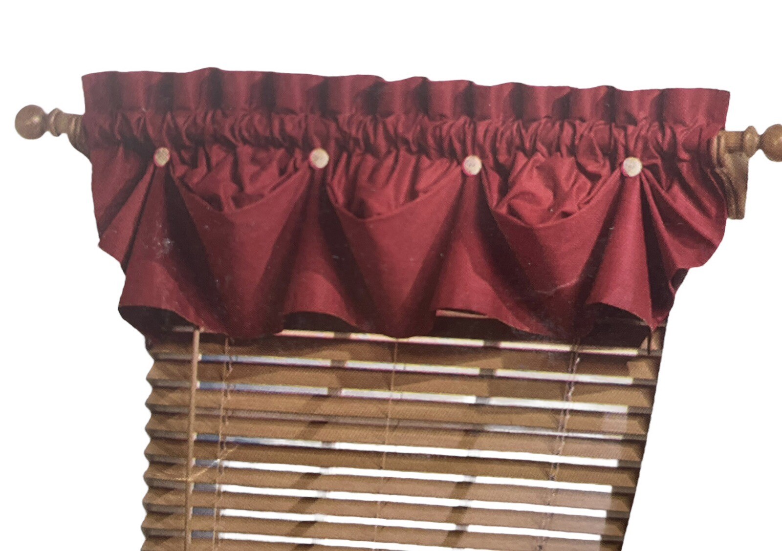 Vintage Valance Buttons Ruffled Farmhouse Red 56″x16″ Country Duck Cotton New