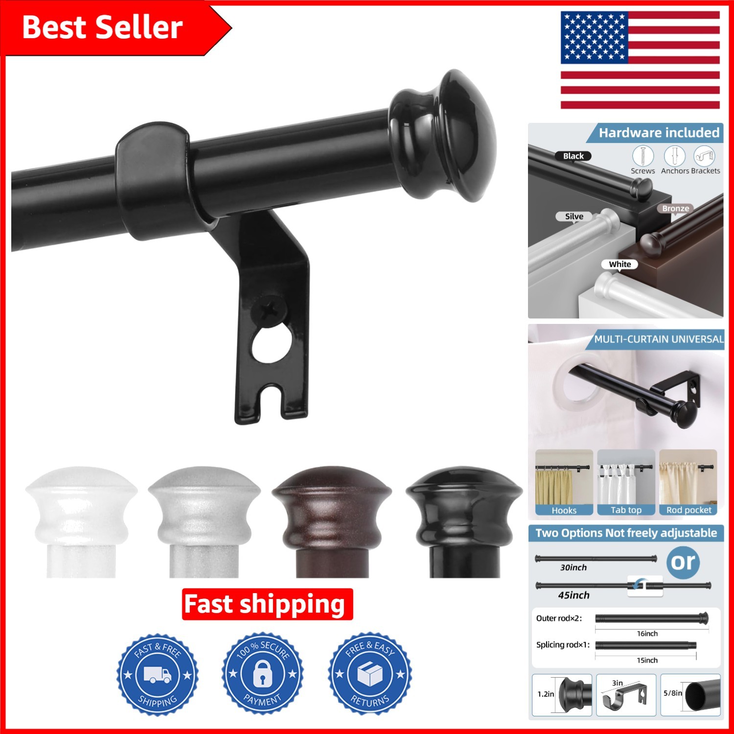 Decorative Stainless Steel Curtain Rod 30-45 Inches – Enhance Your Home Style