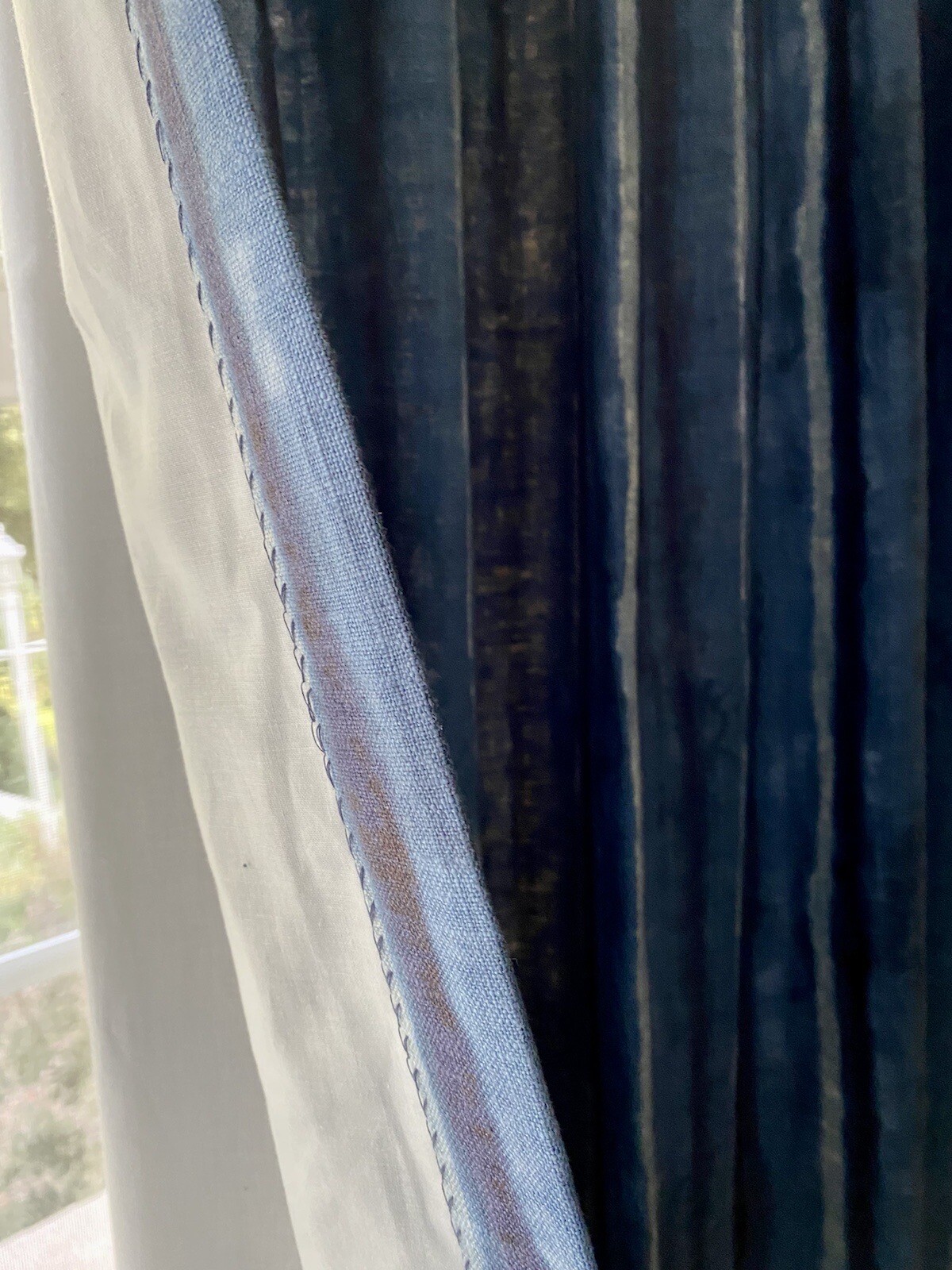 PAIR Custom DESIGNER Linen Indigo Blue Stripes Lined Panels DRAPES 91”x24”NEW