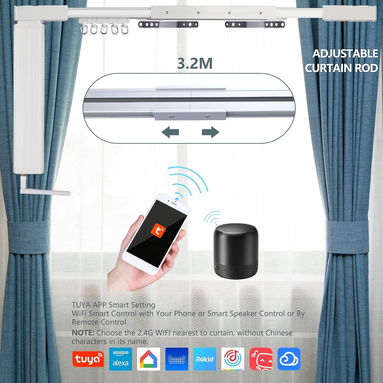 126” Motorized Curtain Tracks Smart Home Google Home Tuya WiFi App Control