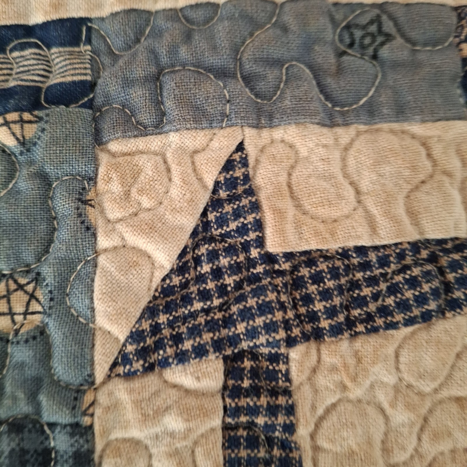 Handmade Quilted wall hanging Table Runner cottagecore navy Tan 19×8″ Patchwork
