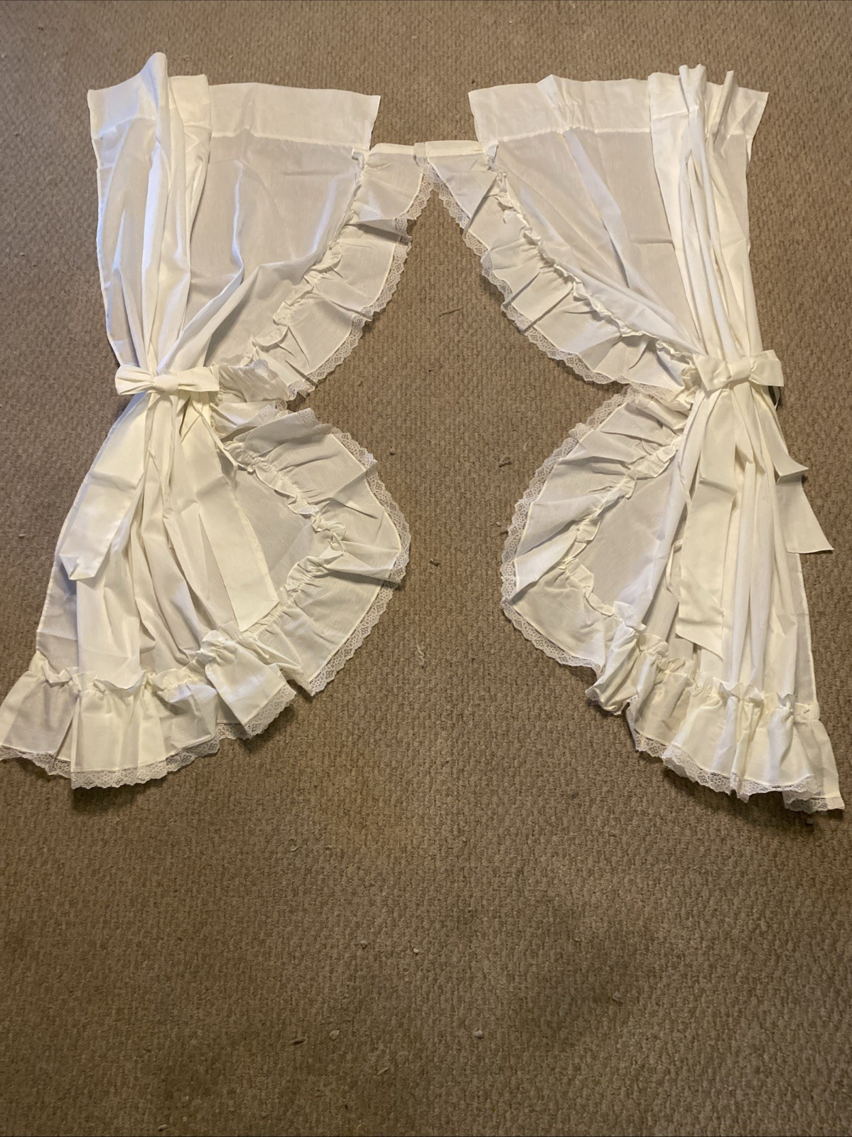 Pair Ivory Ruffled Curtains With Tie Back Bows Lace Trim 65″ Long Beautiful!