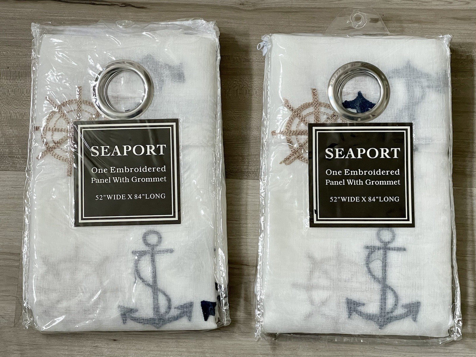 Coastal SEAPORT Embroidered Sheer Curtain Panels Set Of 2 Nautical 52 x 84” New