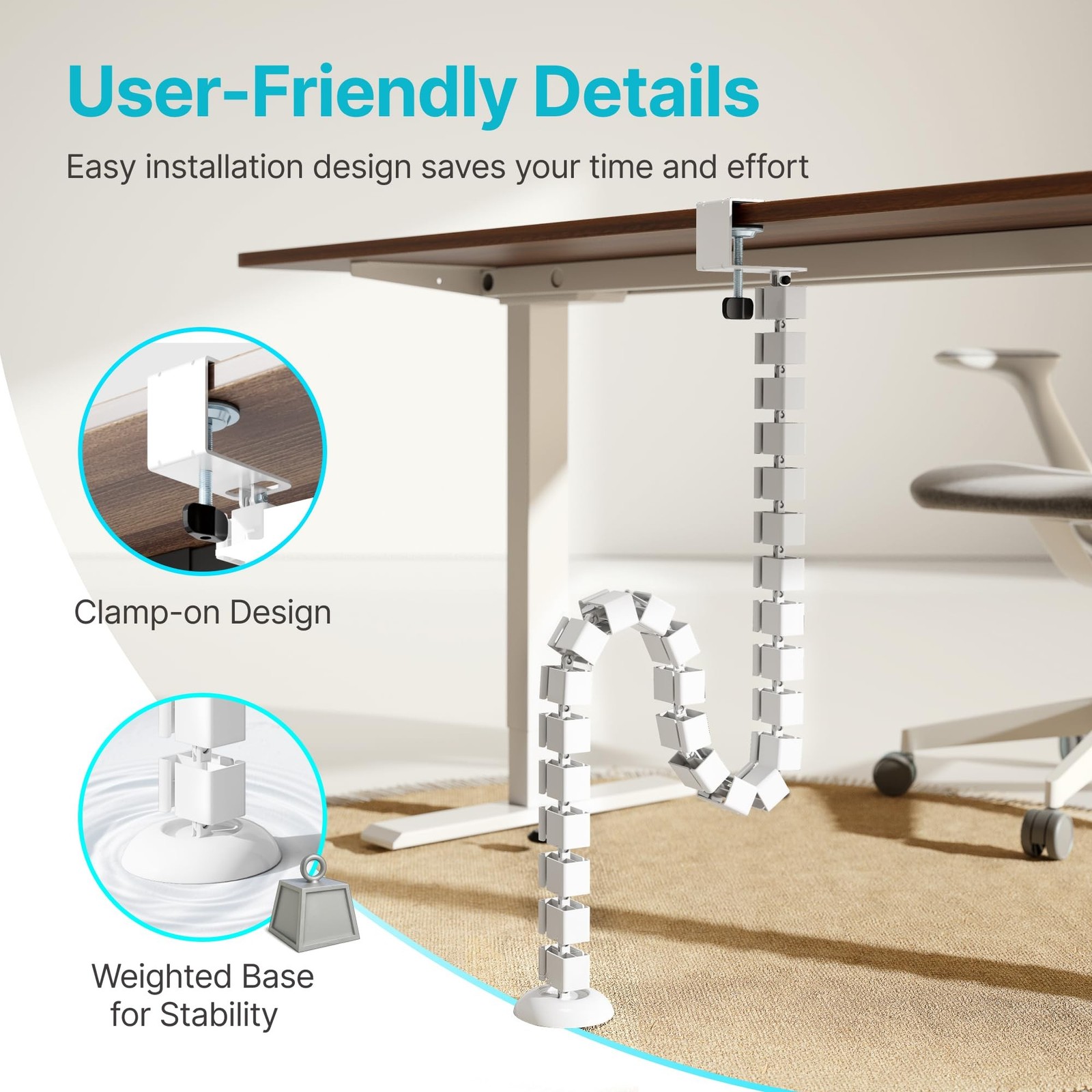 Under Desk Cable Management Spine – Flexible Cable Snake Organizer for Sta