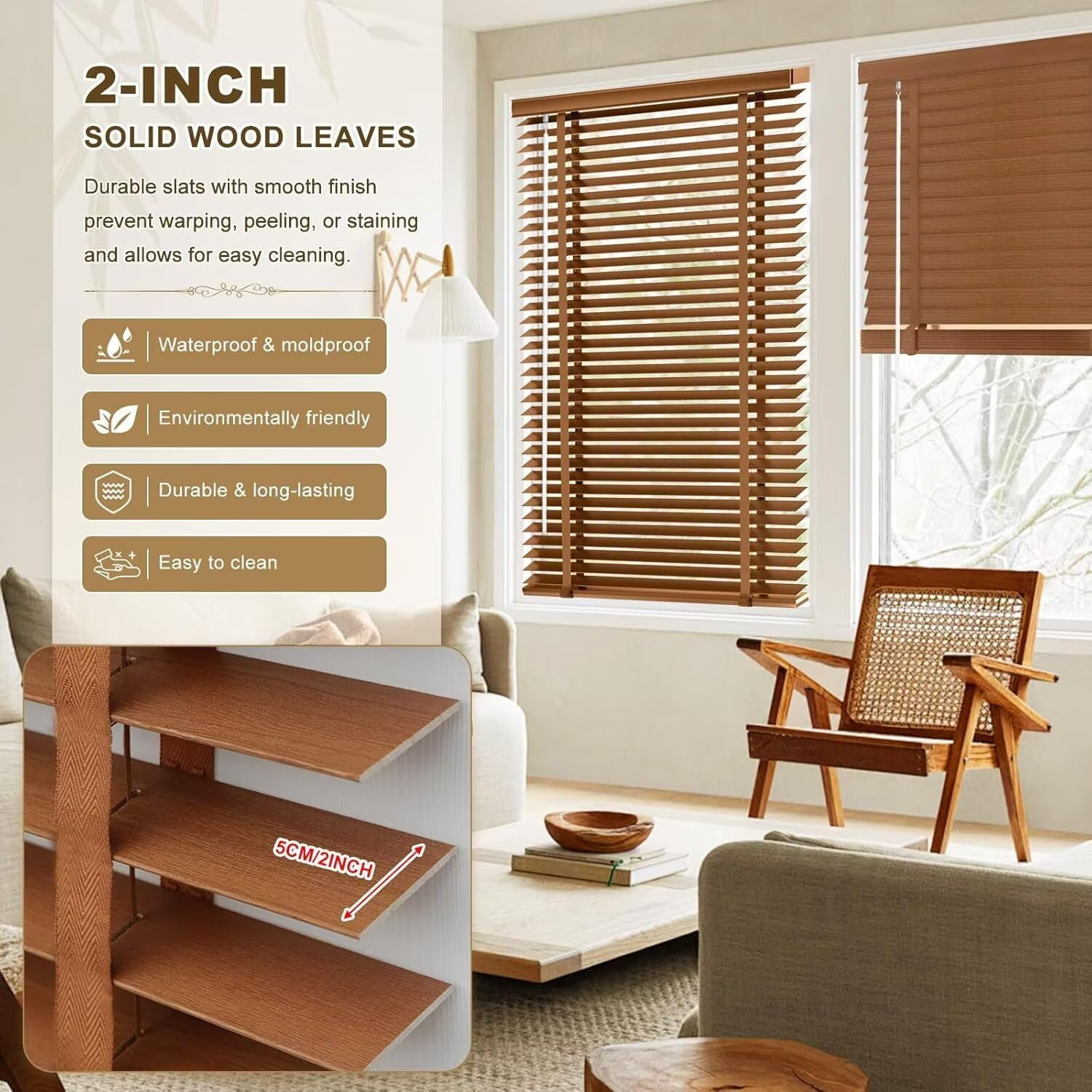 2″ Cordless Solid Wood Blinds for Indoor Window,21.5″ W X 36″ H Real Wooden Blac