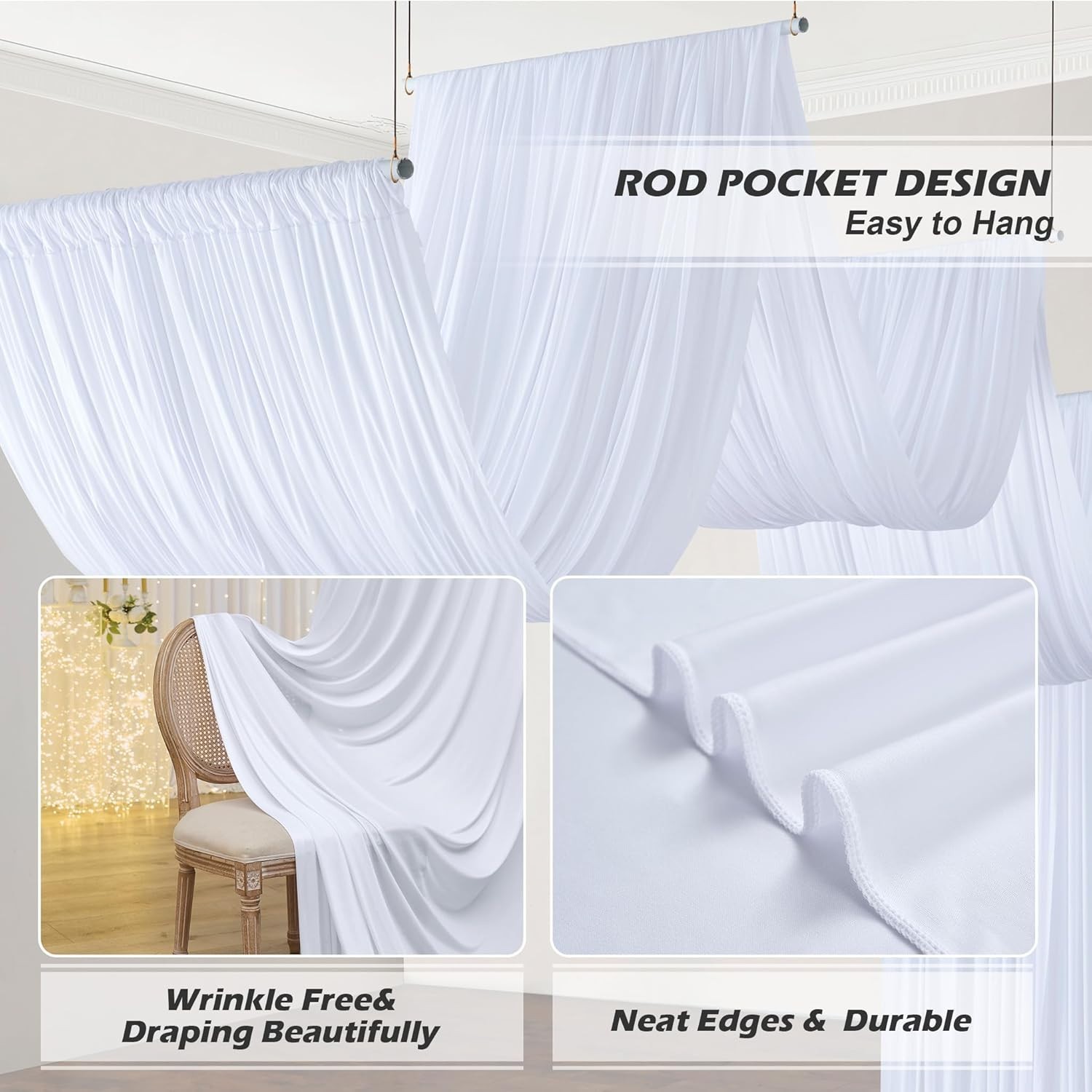 50ft×20ft White Ceiling Curtain Drapes for Weddings Parties, Wrinkle Free Polyes