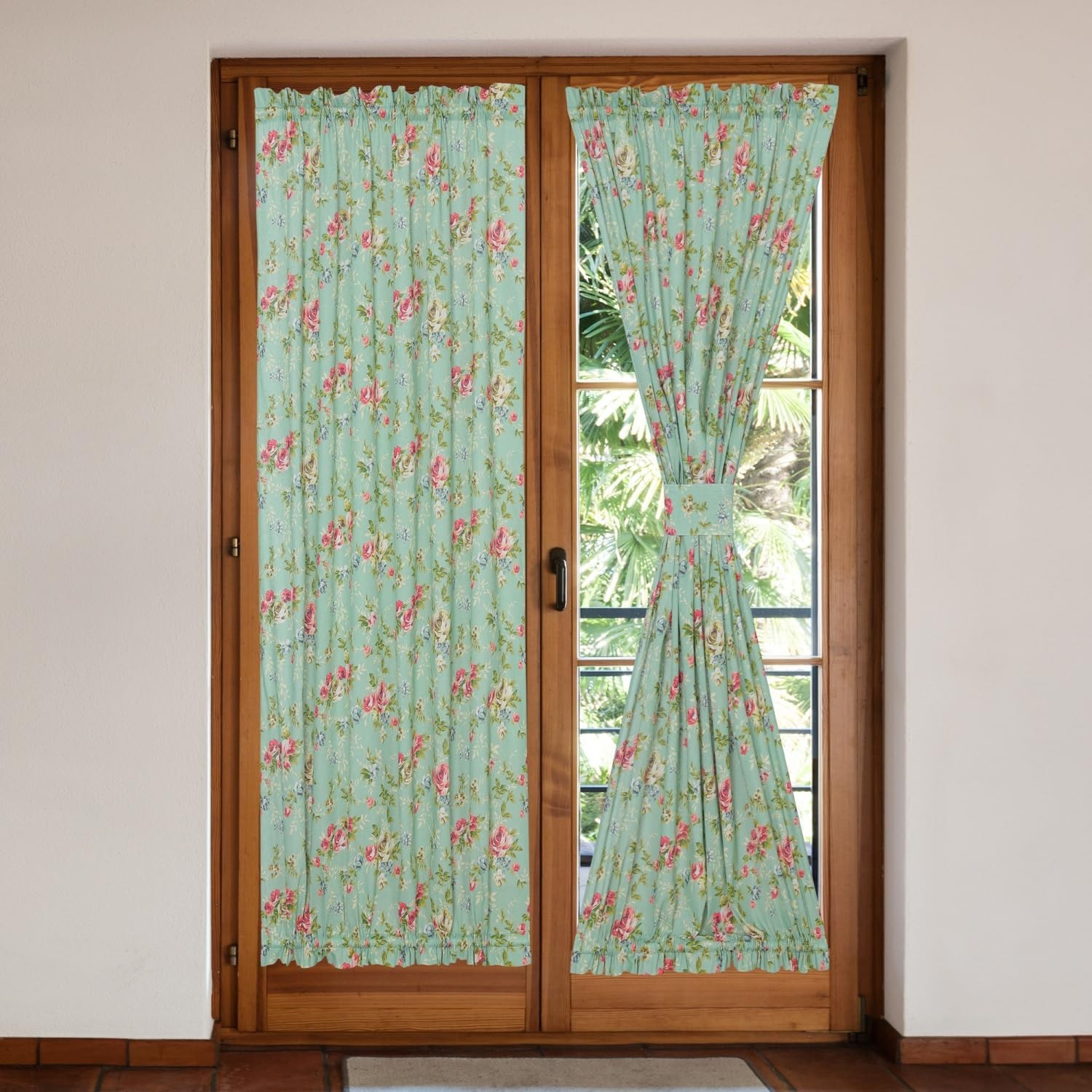 Linen French Door Curtains Floral Green Country Style 54×72 Inches for Sale