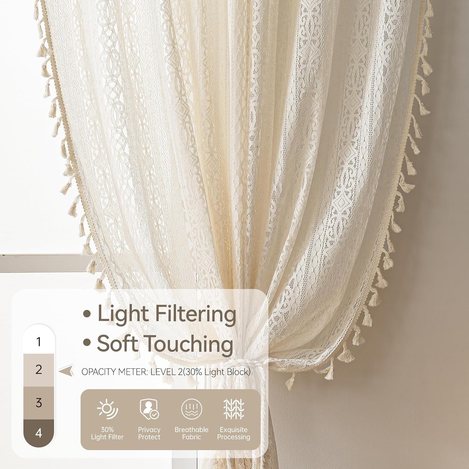 Luxurious 63-Inch Boho Lace Curtains with Tassels – Set of 2 for Elegant Living