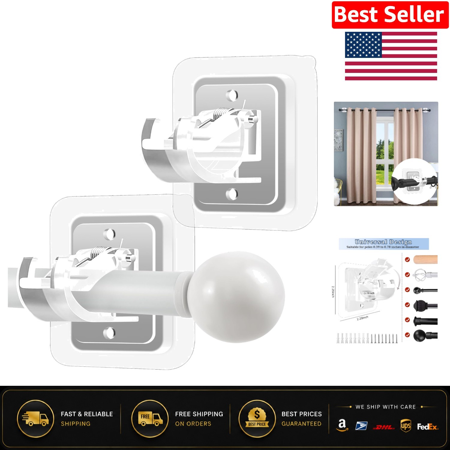 Self-Adhesive No Drill Curtain Rod Holders, Transparent, Set of 2 – Easy Install