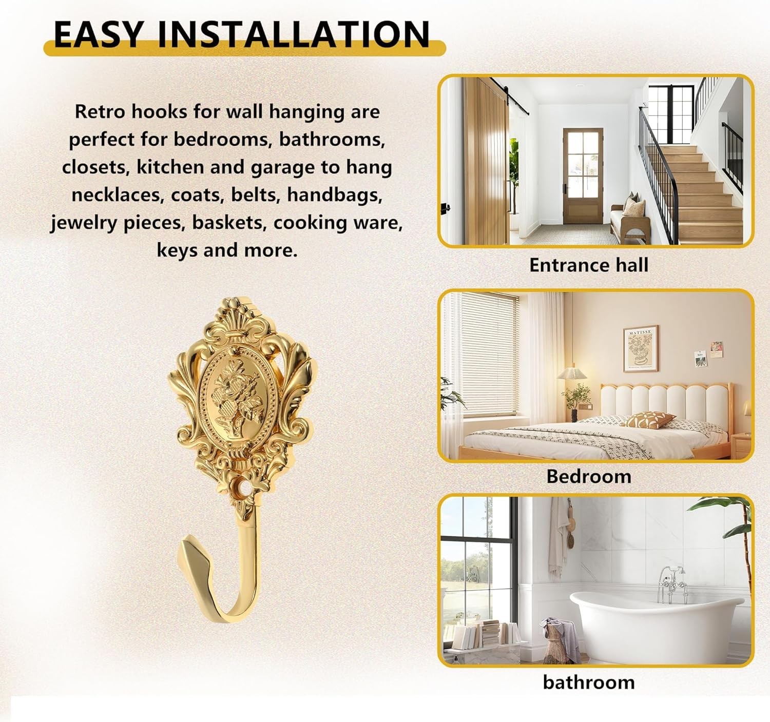 2-Pack Vintage Curtain Tieback Hooks, 3D Rose Pattern Wall Mounted Drapery Ho…