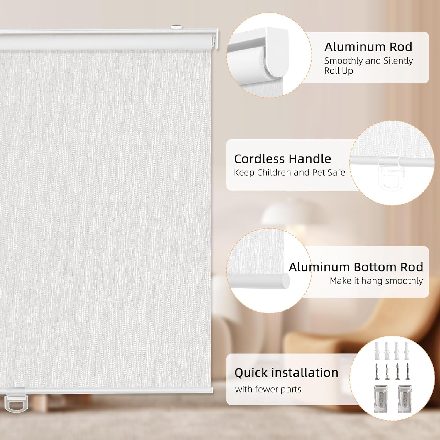 Cordless Blackout Roller Shades, Striped Design, 57″ W X 72″ H, White