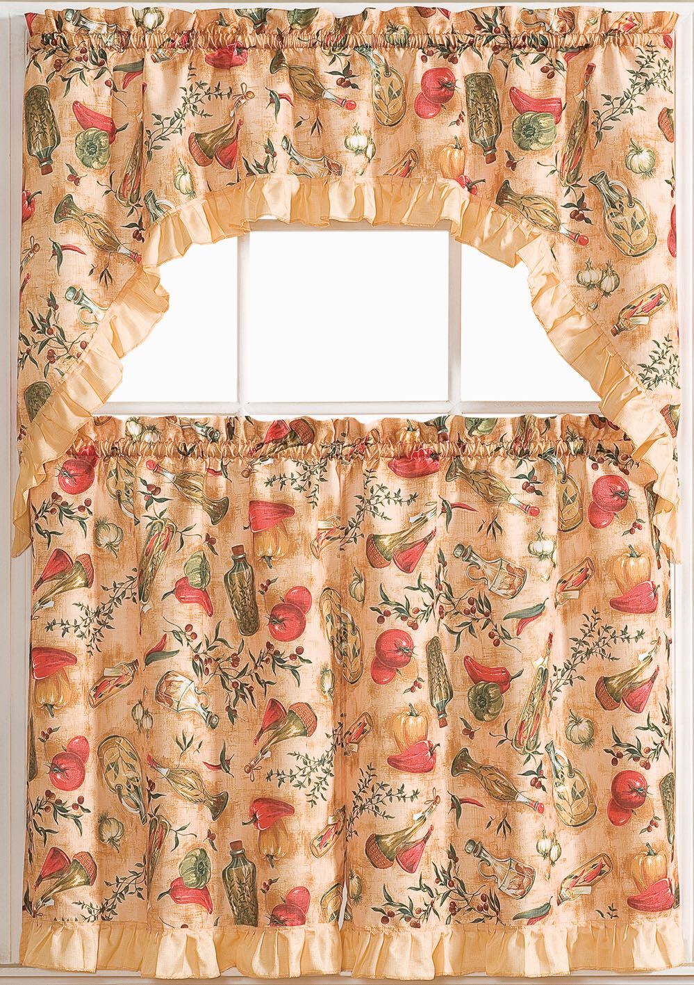 Kitchen Curtains 3 Pc. Set with Attached Valance Tier and Swag Set Red Brown