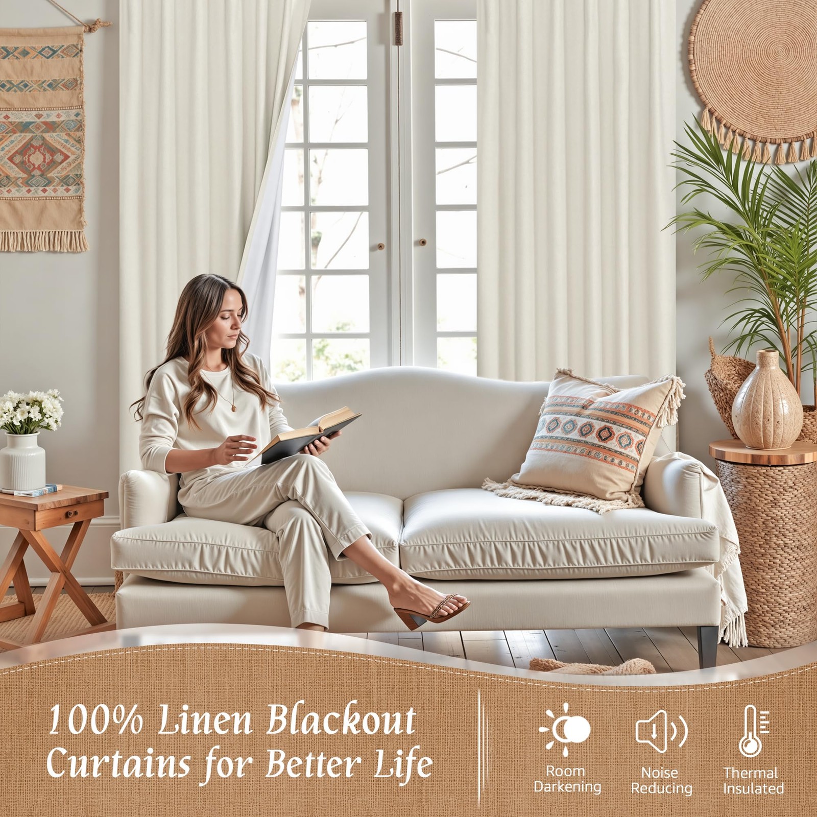 100% Blackout Natural Polyester Curtains, 63 Inches Linen Textured Thermal Be…