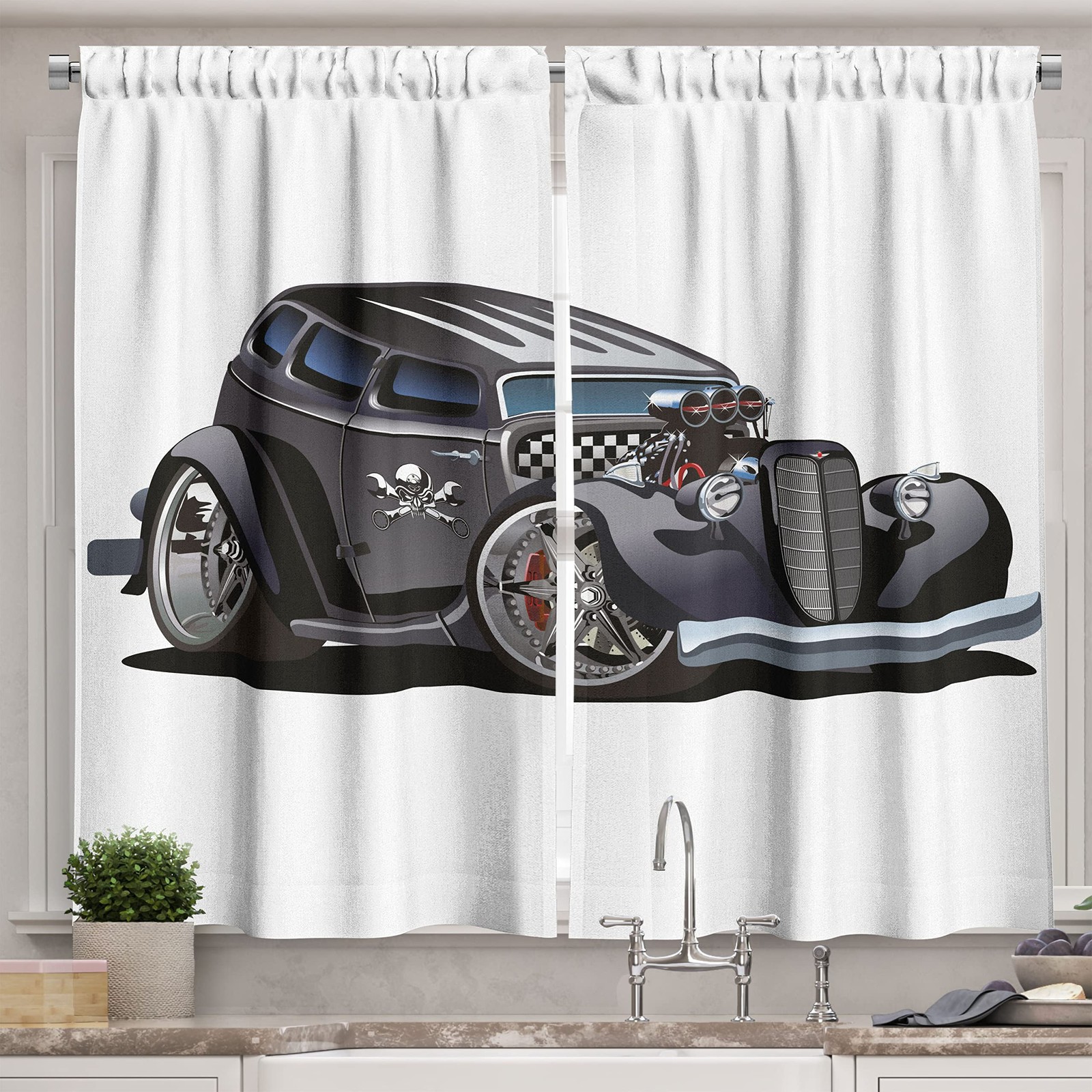 Cartoon Kitchen Curtains, Hot Rod Car Fashion Skull Pattern Angry on Plain Ba…