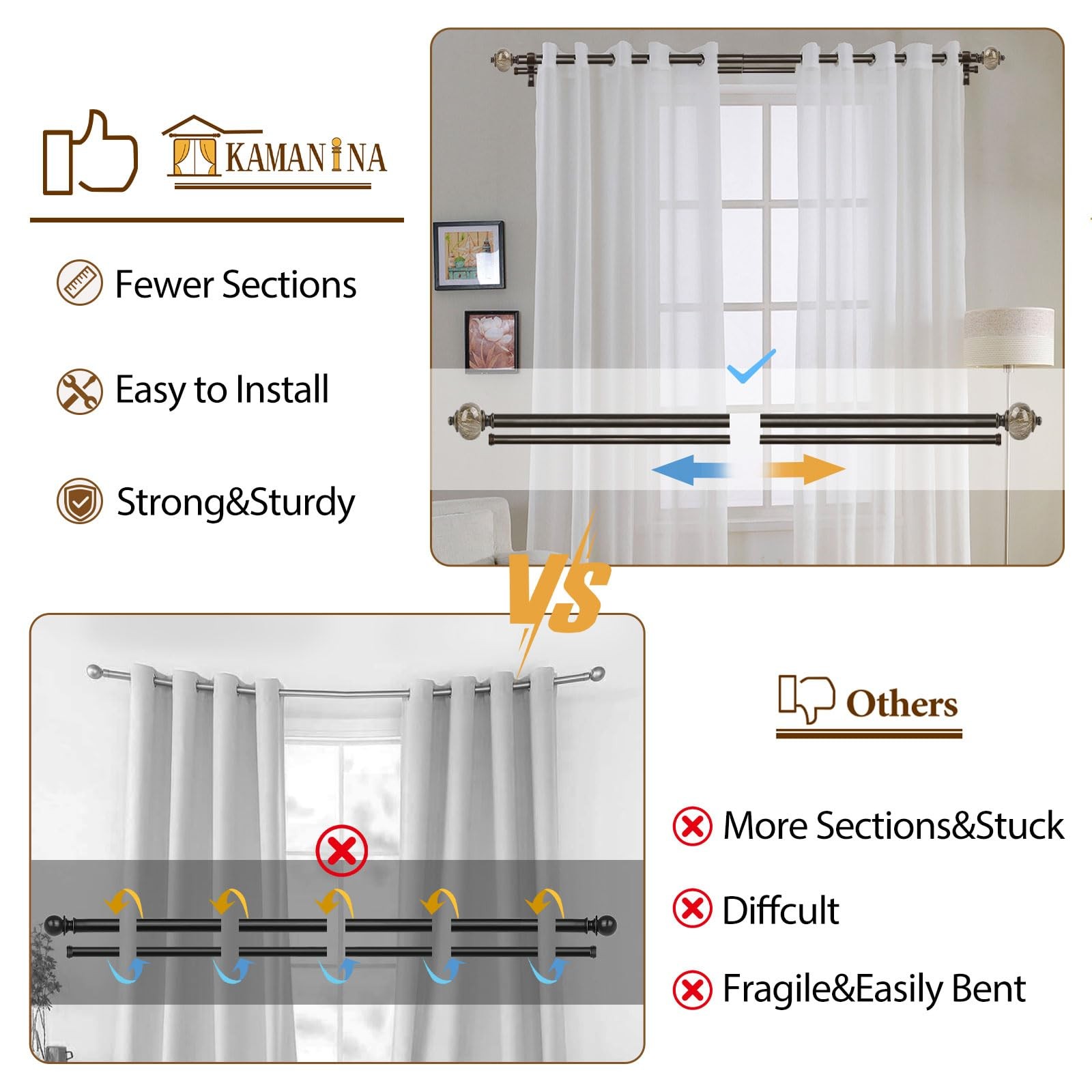 KAMANINA Bronze Double Curtain Rod 72 to 144 Inches (6-12ft), 1 Inch Telescoping