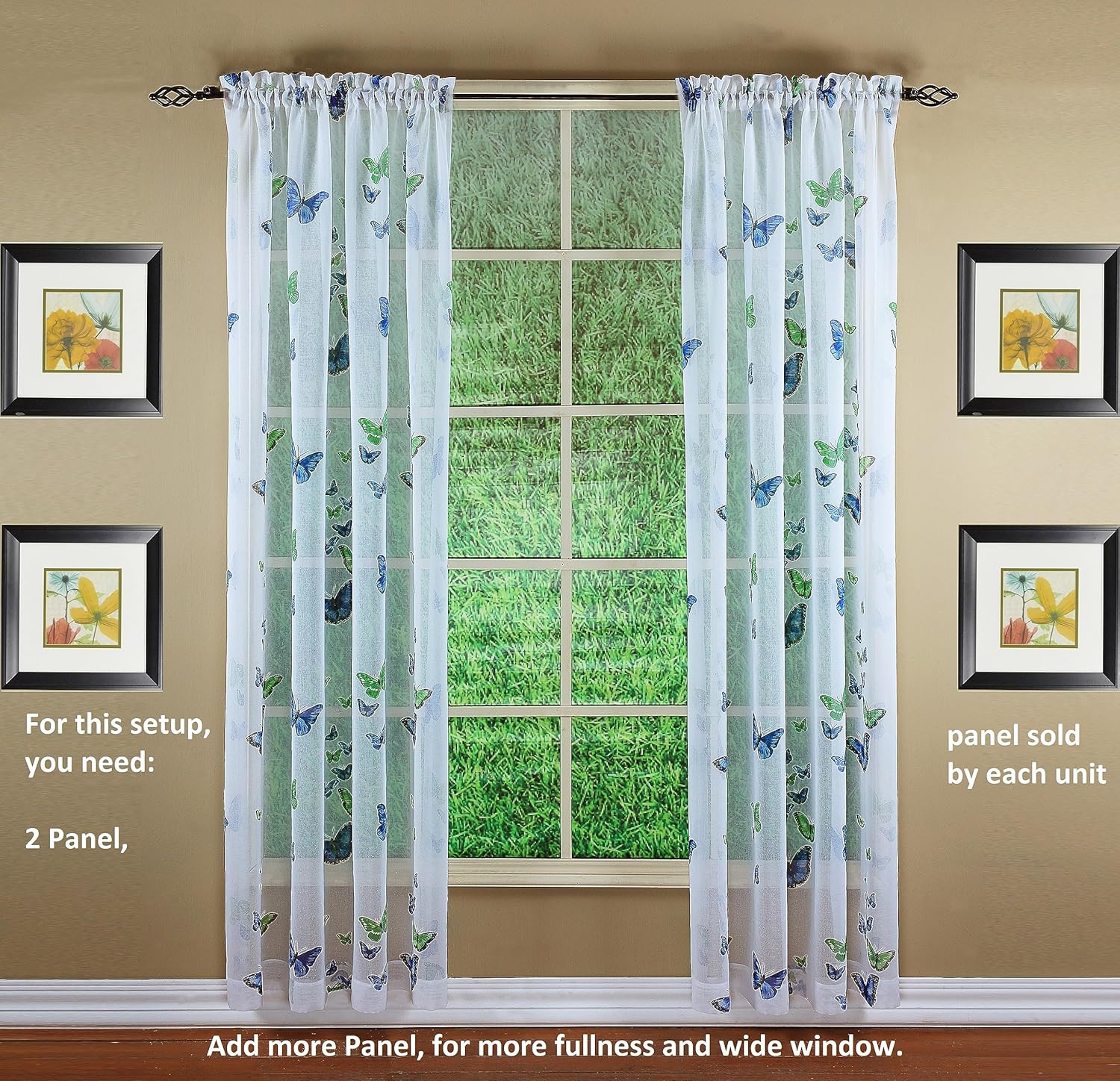 Butterflies Print Semi Sheer Panel, 84″, Blue, 54W X 84L