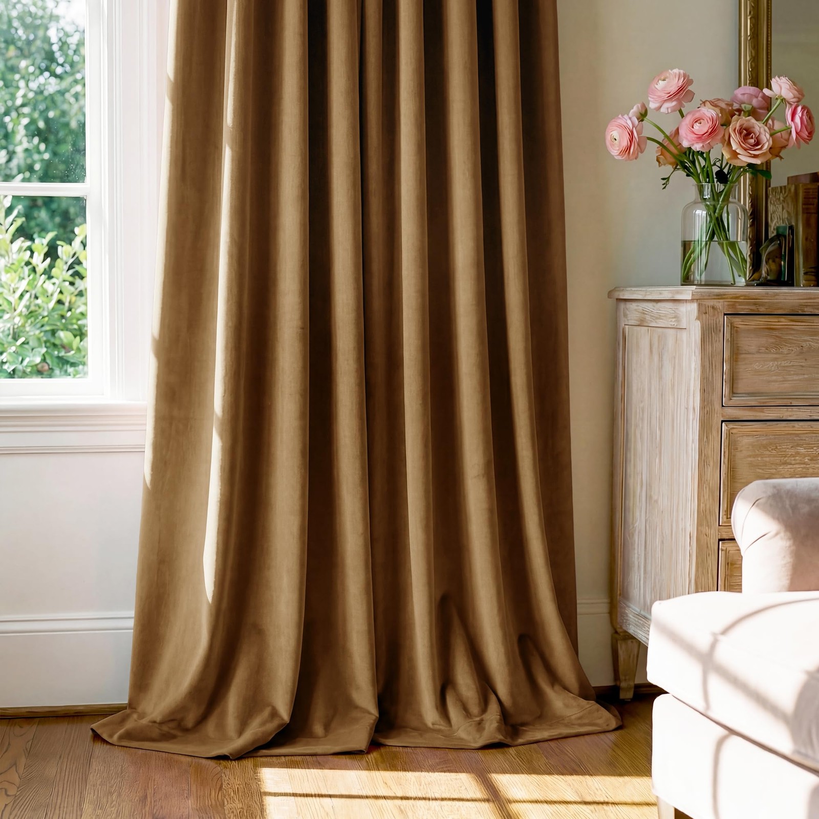 Gold Brown Velvet Curtains 96 inches Long for Living Room, Luxury Back Tab Heavy