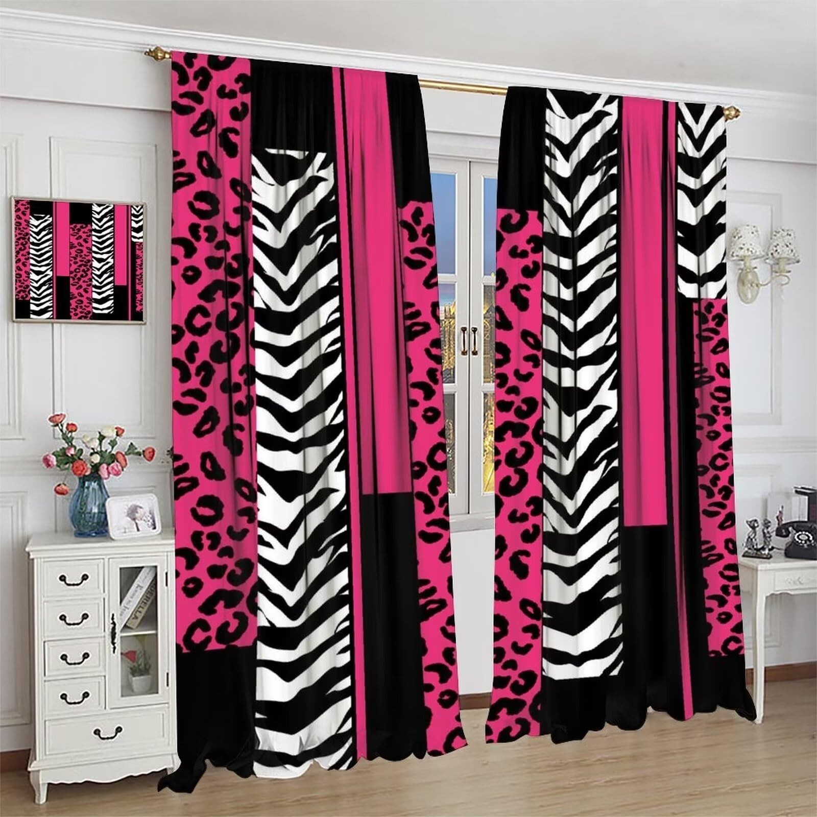 Leopard Zebra Curtains for Bedroom Living Room Cheetah Pink White Black Black…