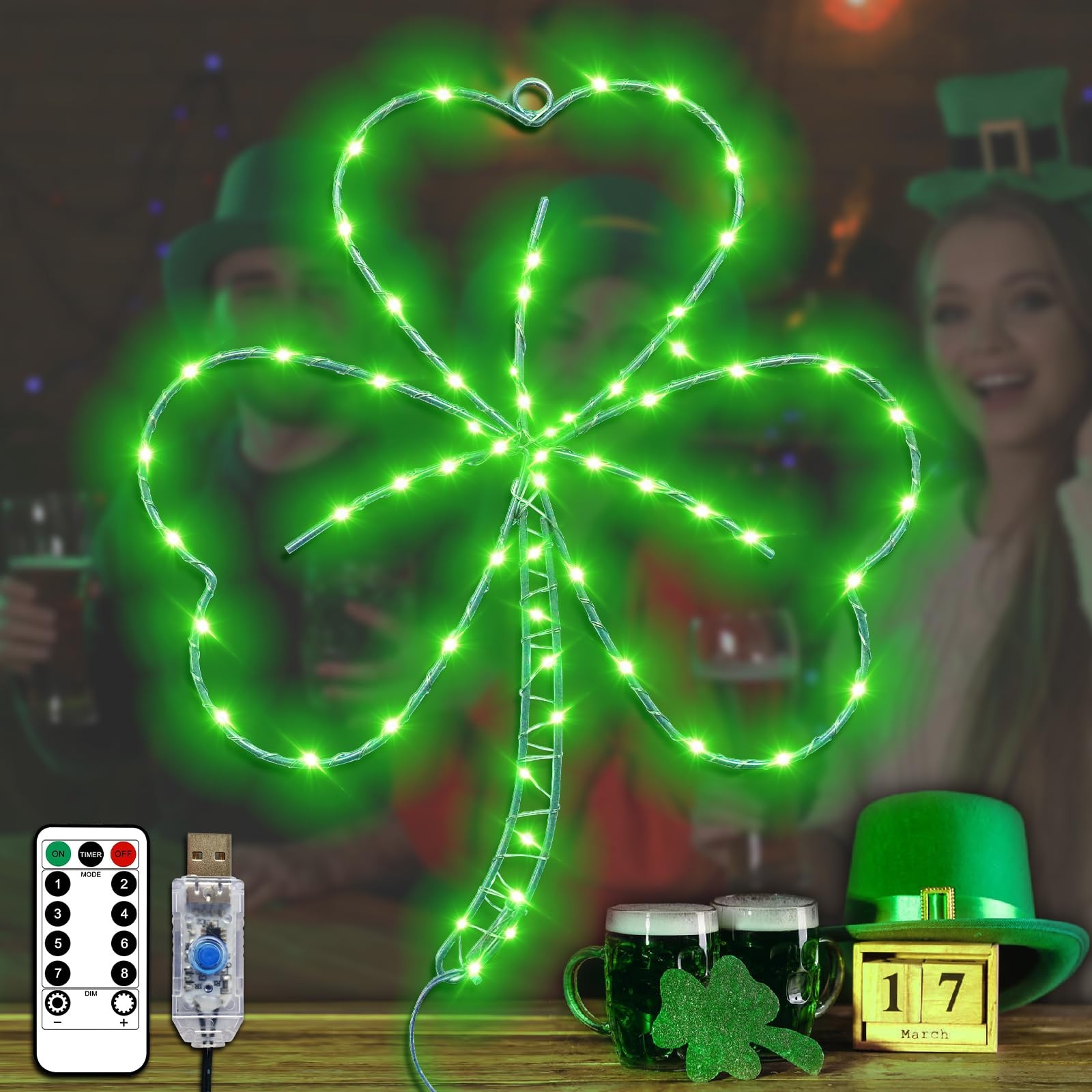 St Patricks Day Decorations,Irish Shamrock LED Window Lights,13.2IN 58LED Gre…
