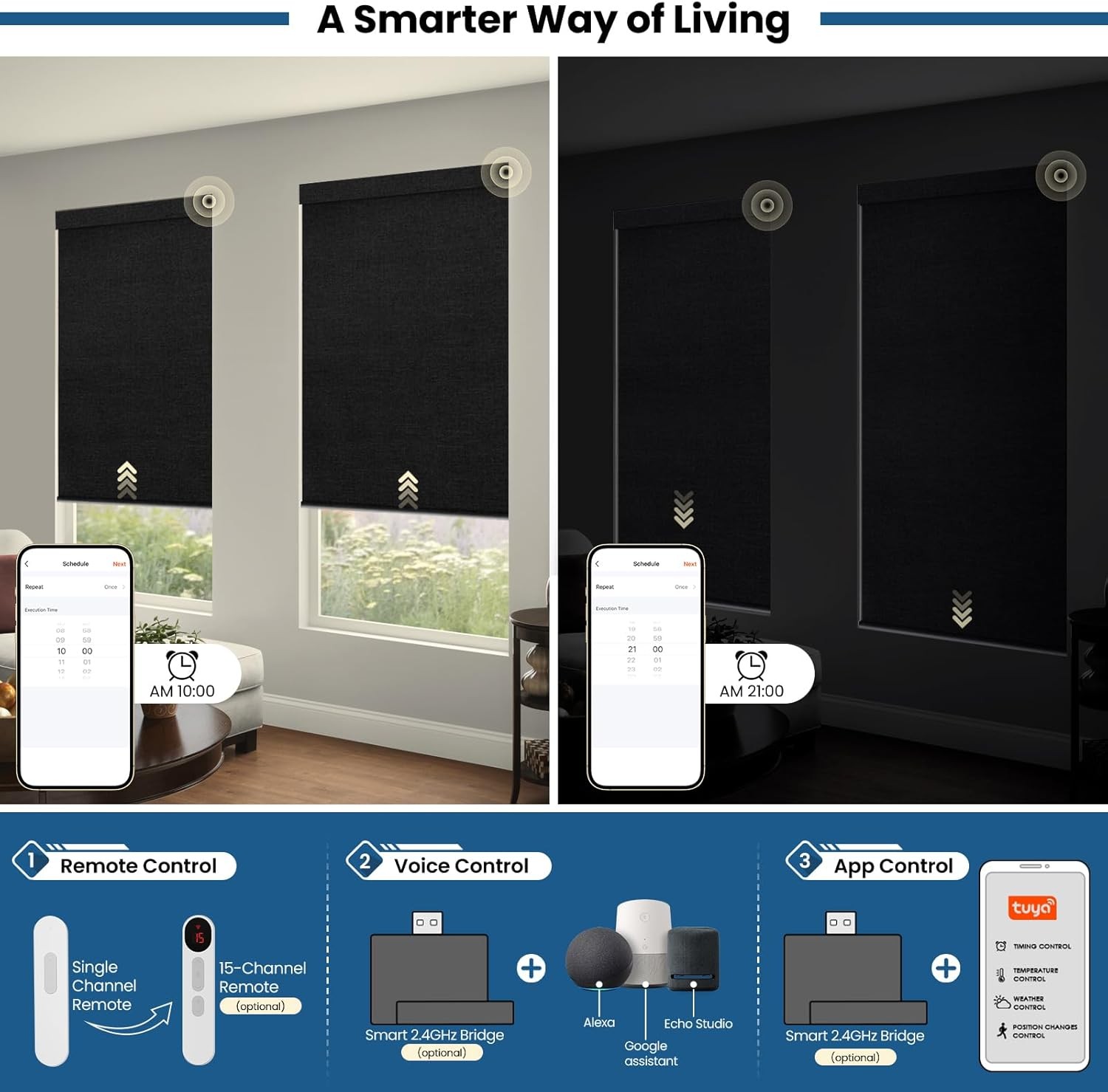 No-Drill Motorized Blinds Remote Blackout Solar Cordless Smart Roller 34×72″