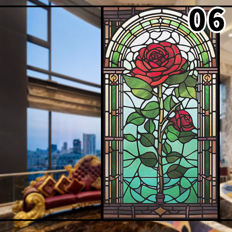 Retro Rose Stained Glass Film Frosted Window Sticker Bathroom Office Decor