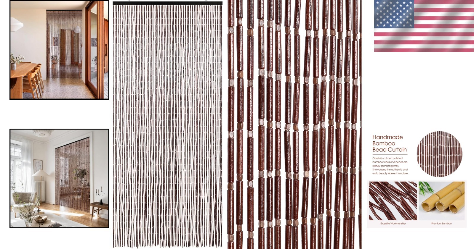 Boho Handmade Bamboo Beaded Curtain for Doorway – 35.5×75 Inches Coffee